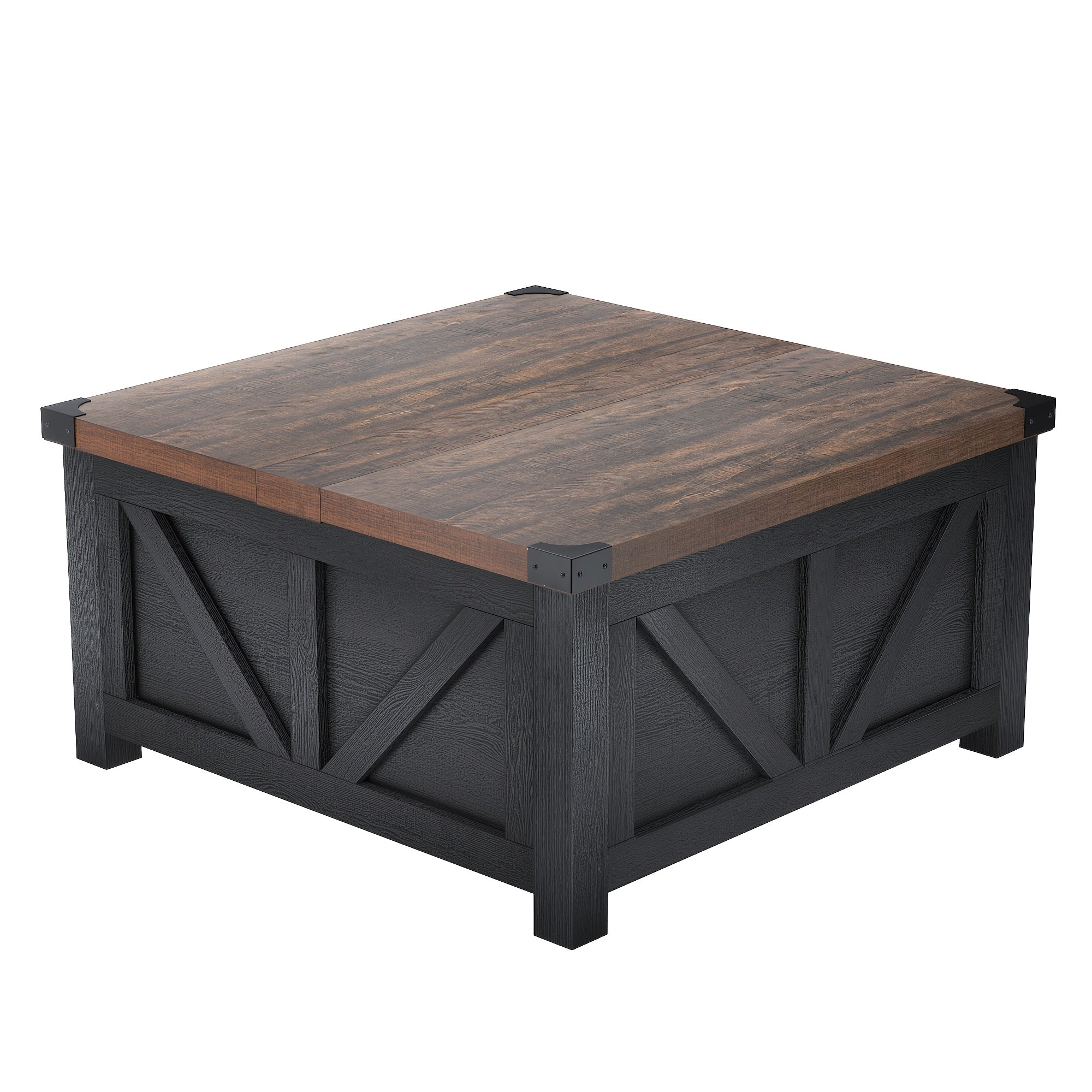 Farmhouse Lift Top Coffee Table With Power Outlets And Large Hidden Storage, Square Wood Living Room Tables, Multi-Function Lift Wooden Barn Door Center Table