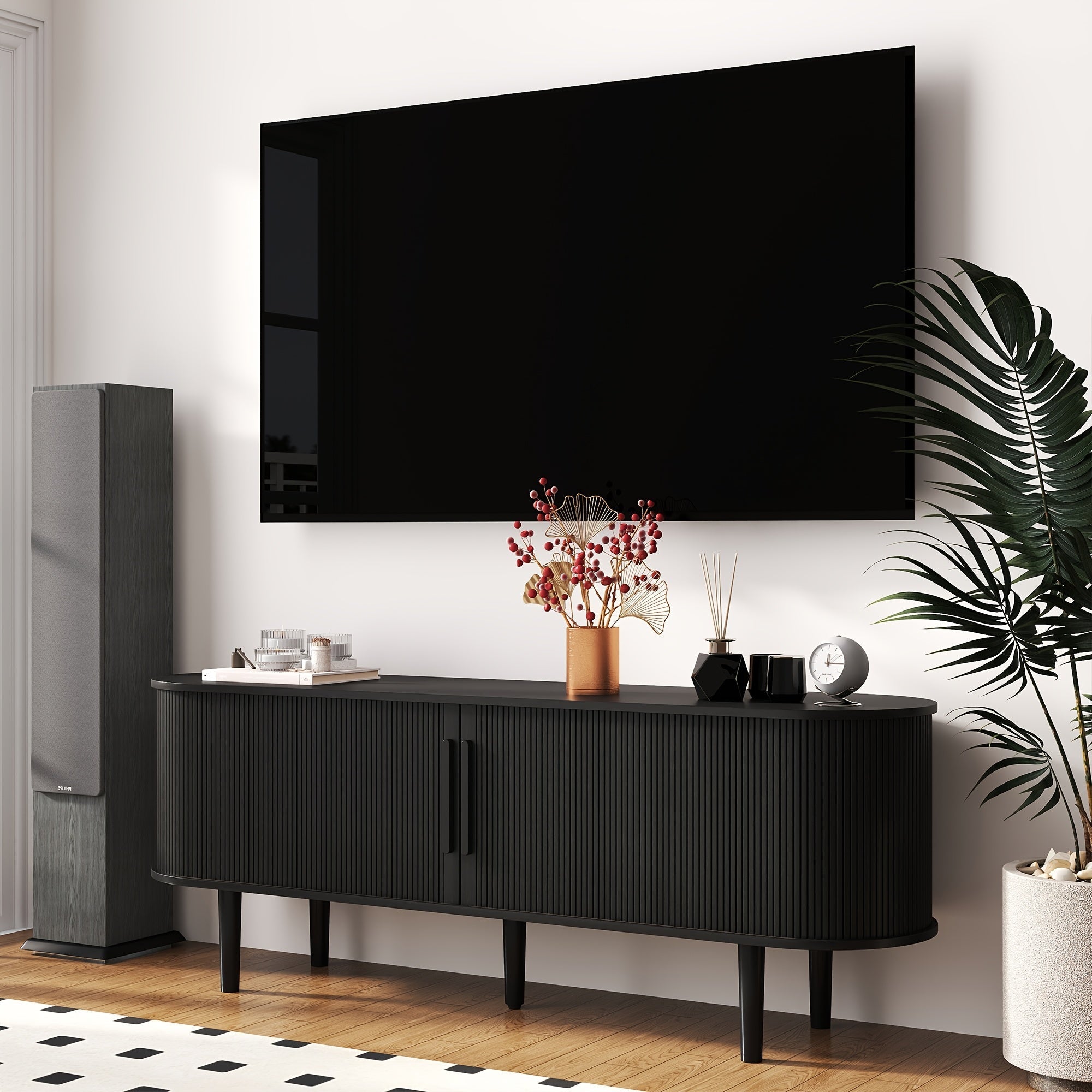 Luxury Black Tambour Door TV Stand - Modern Media Console with Storage for Living Room, Bedroom, or Playroom