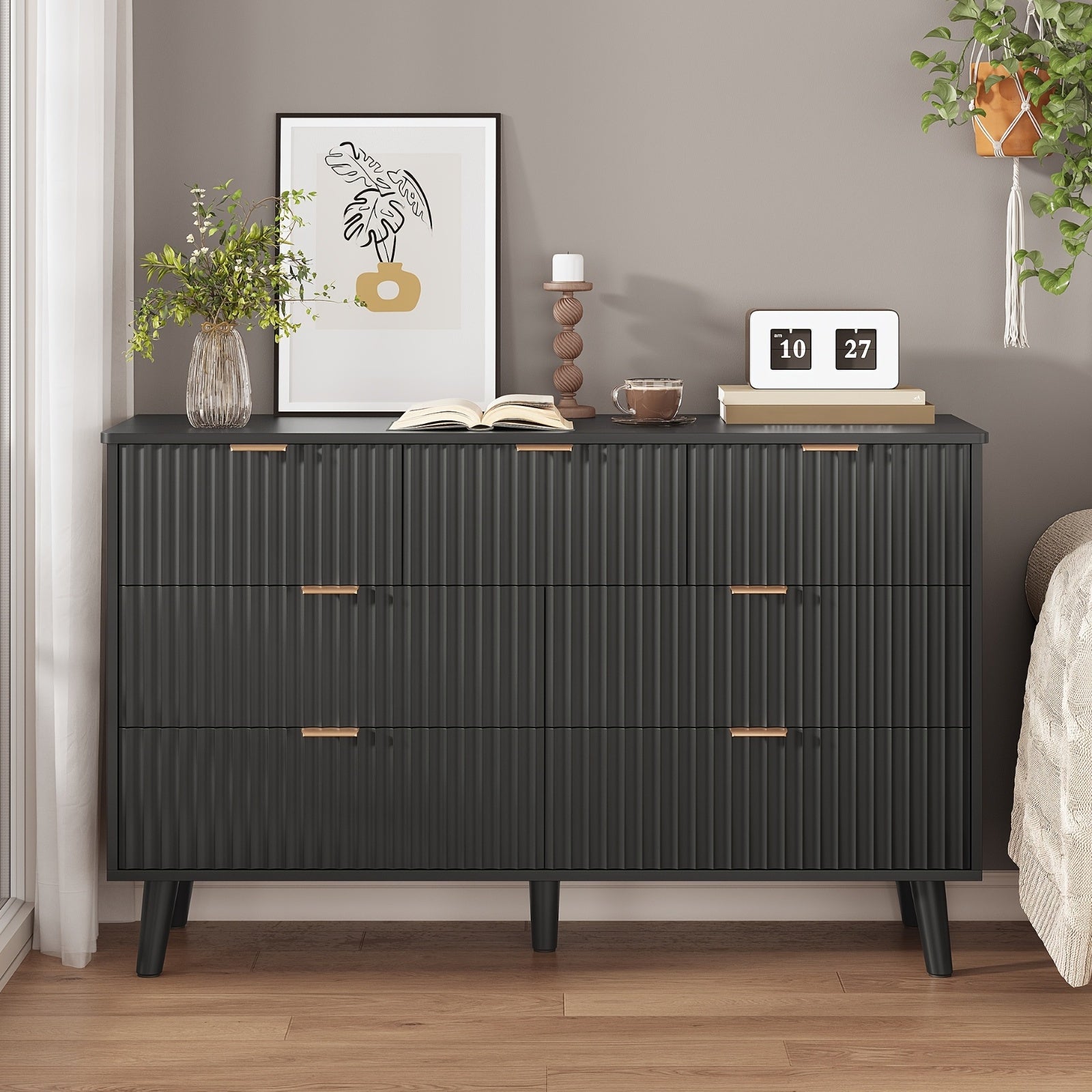 Dresser For Bedroom With Fluted Panel Design, 47.2'' Wide Mid Century Modern Fluted Dresser, 7 Drawers Chest Of Drawers With Golden Metal Handles, Black Organizer Storage Cabinet For Closet, Entryway