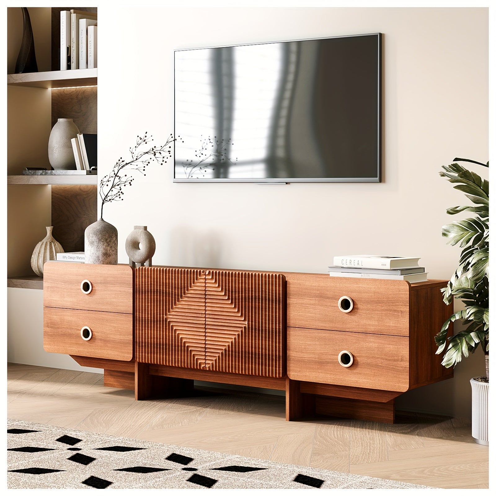 TV Stand for 191cm+ TV, Mid Century Modern Entertainment Center with 4 Drawers, Storage Cabinet, Large Boho Media TV Console, 66 inch Long Television Stand for Living Room