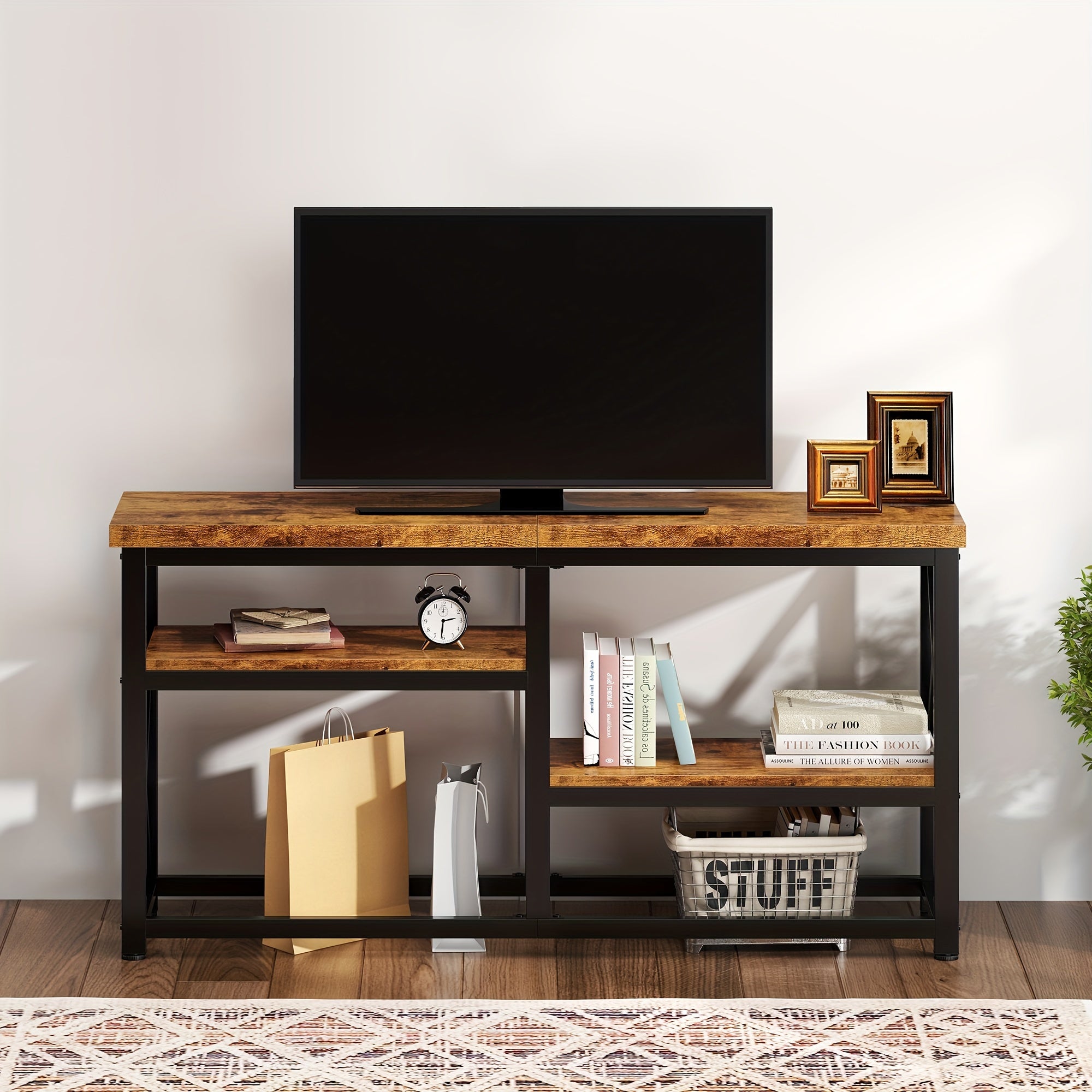 3-Tier Wood Console Table, 140 cm Entertainment Center with Open Storage Shelves, Industrial TV Stand, Entryway Table, Sofa Side Table, Coffee Table, Rustic Brown