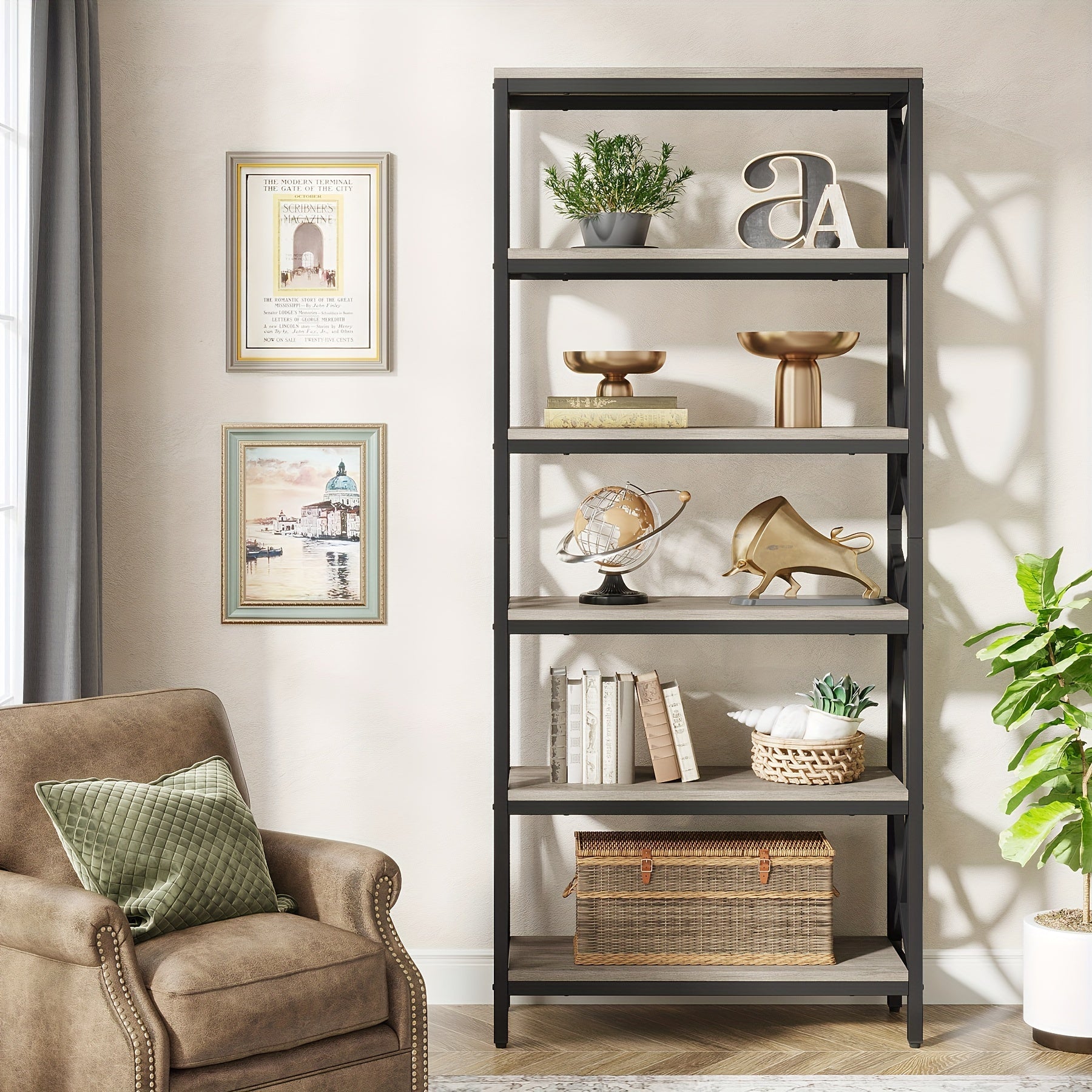 Introducing The 6-Tier Bookshelf, 175cm Tall Bookcase Combining Modern Wooden Design With Durable Metal Frame. This Freestanding Open Storage Shelves Or Shelving Unit Is Ideal For Office Or Living Room Use