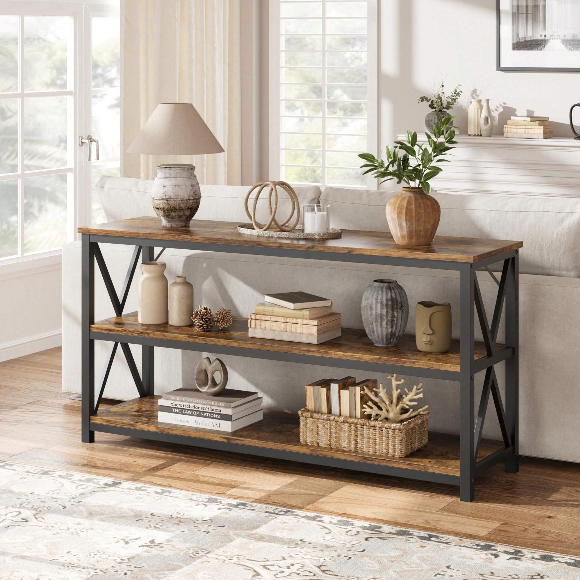 Chic 140 cm Industrial Entryway Table with Storage - Narrow Long Console, 3-Tier Wood Sofa Table with Metal Frame, Ideal for Living Room, Hallway, Foyer - Features Vintage Charm with Modern Accents, Table Decor