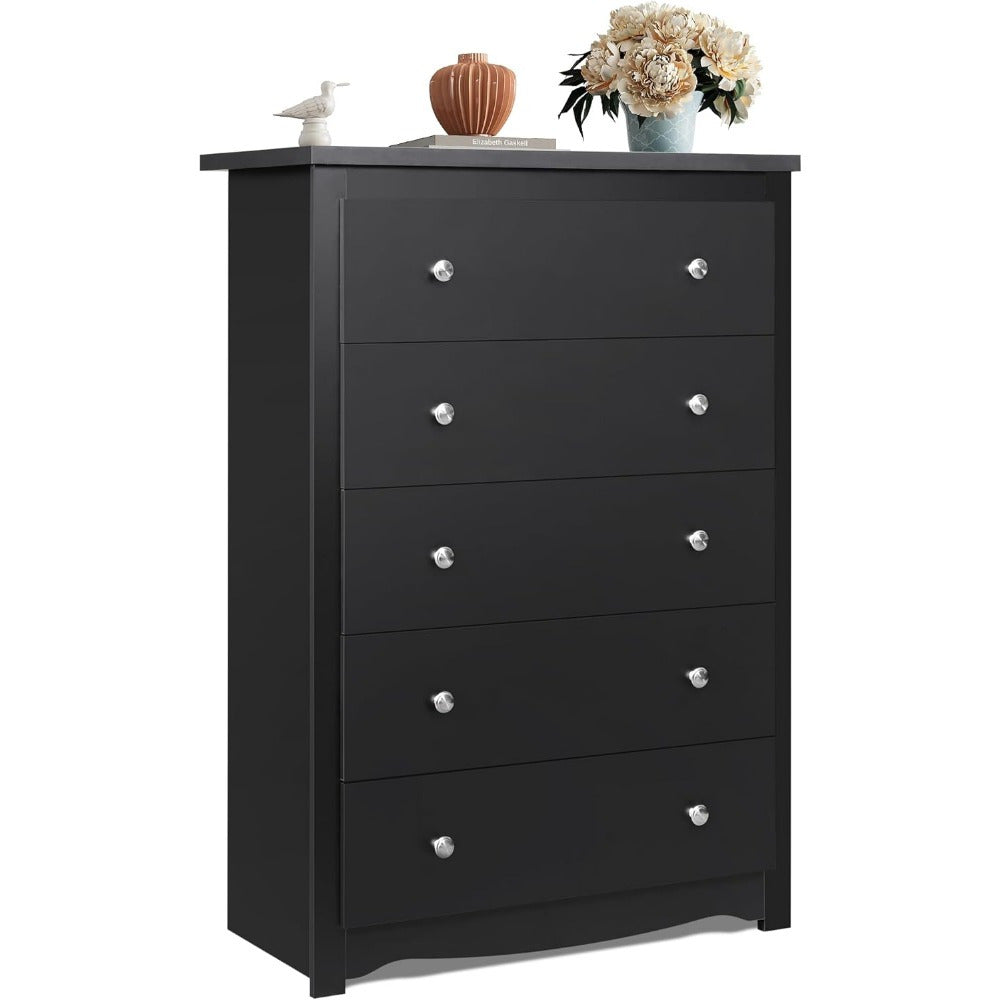 Black Wooden Dresser with 5 Drawers - Versatile Organizer for Bedroom, Living Room, or Hallway, Measuring 15.7" W x 31.4" D x 45.3" H