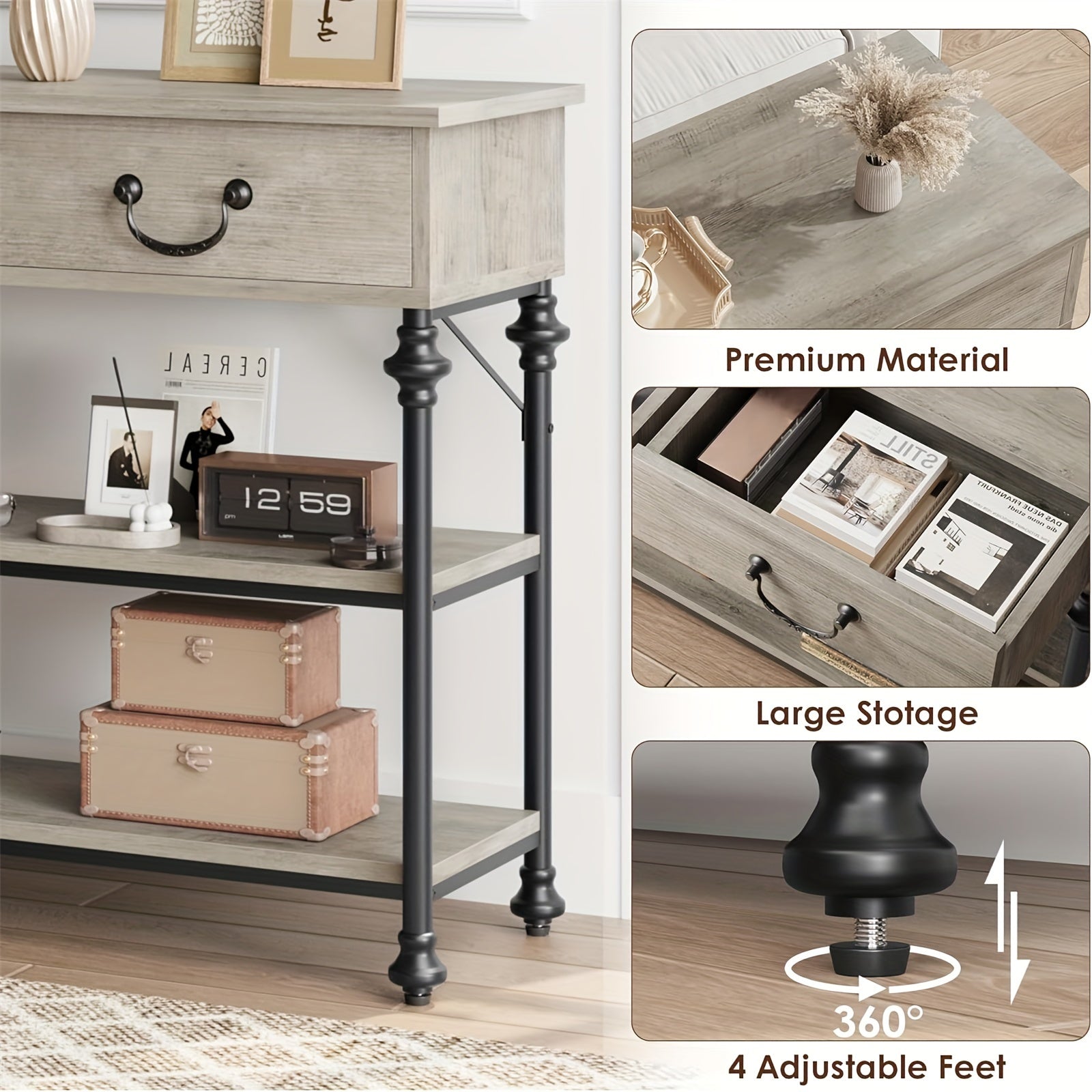 Console Table with Drawers, Narrow Entryway Sofa Table with Storage, 100 cm Behind Couch Table, Industrial Hallway Table for Living Room, Foyer, Bedroom, Rustic Gray