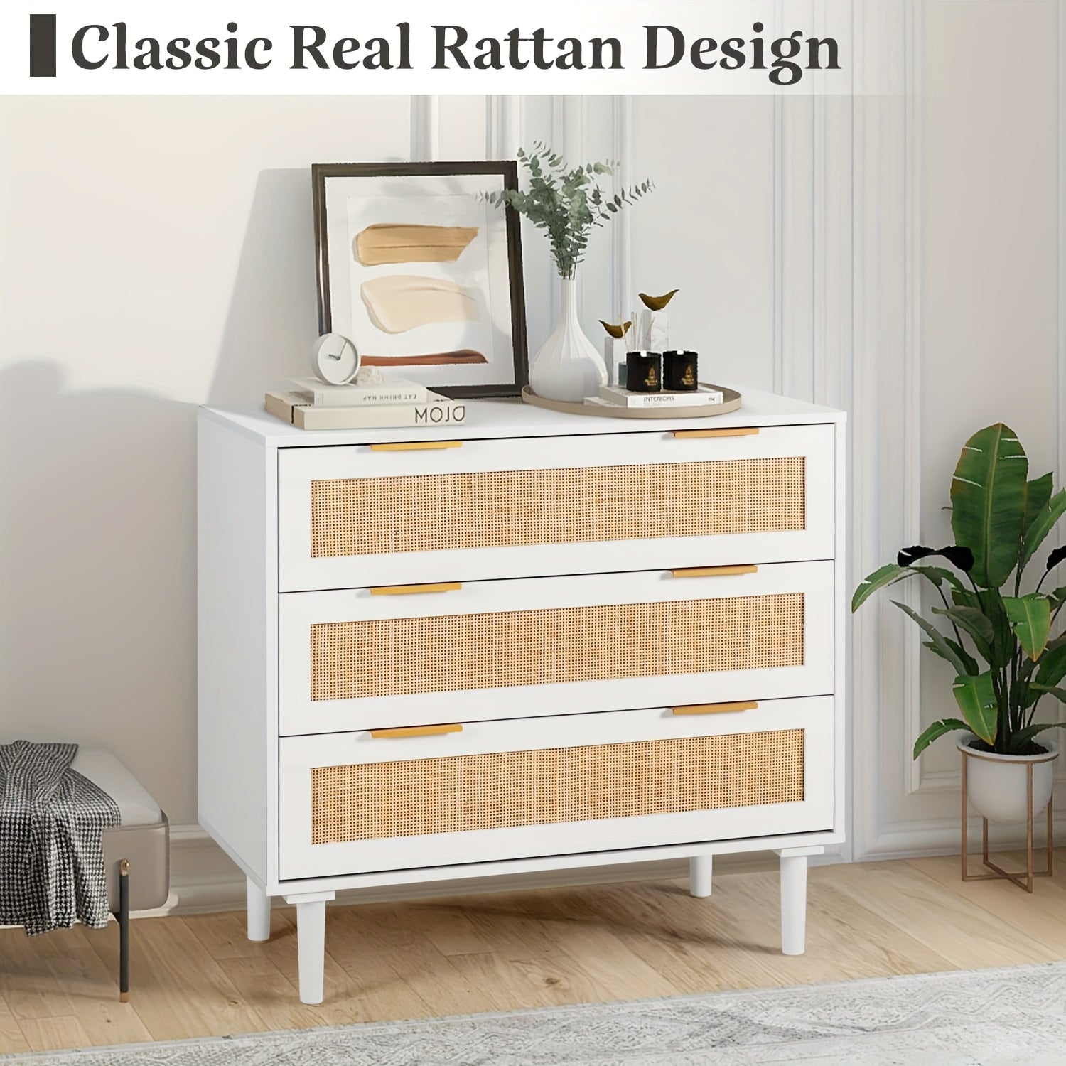 3 Drawer Rattan Dresser For Bedroom, Modern Closet Dressers Chest Of Drawers, Wood Oak Storage Chest For Bedroom, Hallway, Living Room