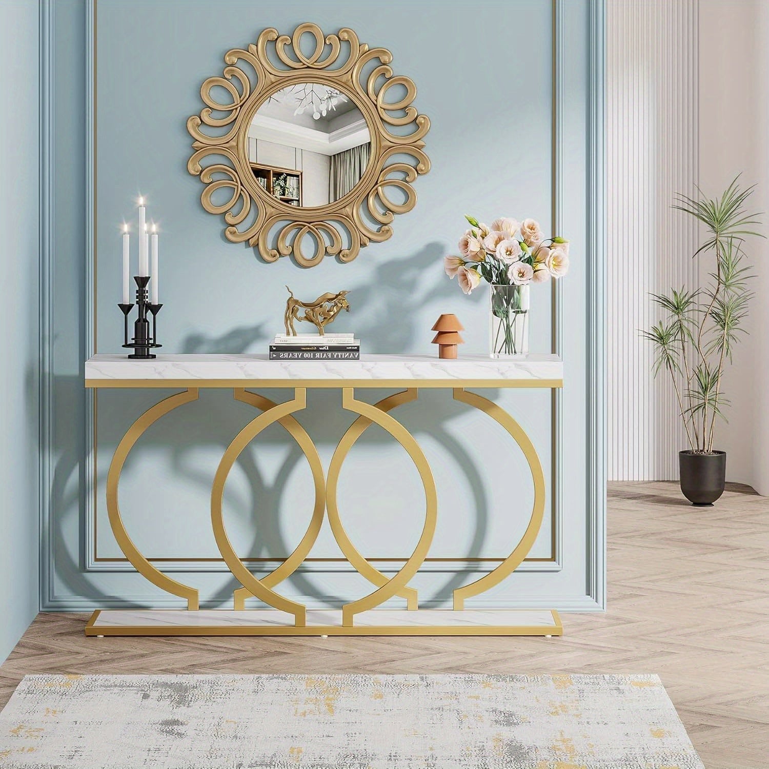 Golden Console Table, 140 cm Faux Marble Entryway Table Narrow Long Sofa Table, Modern Accent Table for Living Room, Entrance Table Geometric Metal Frame