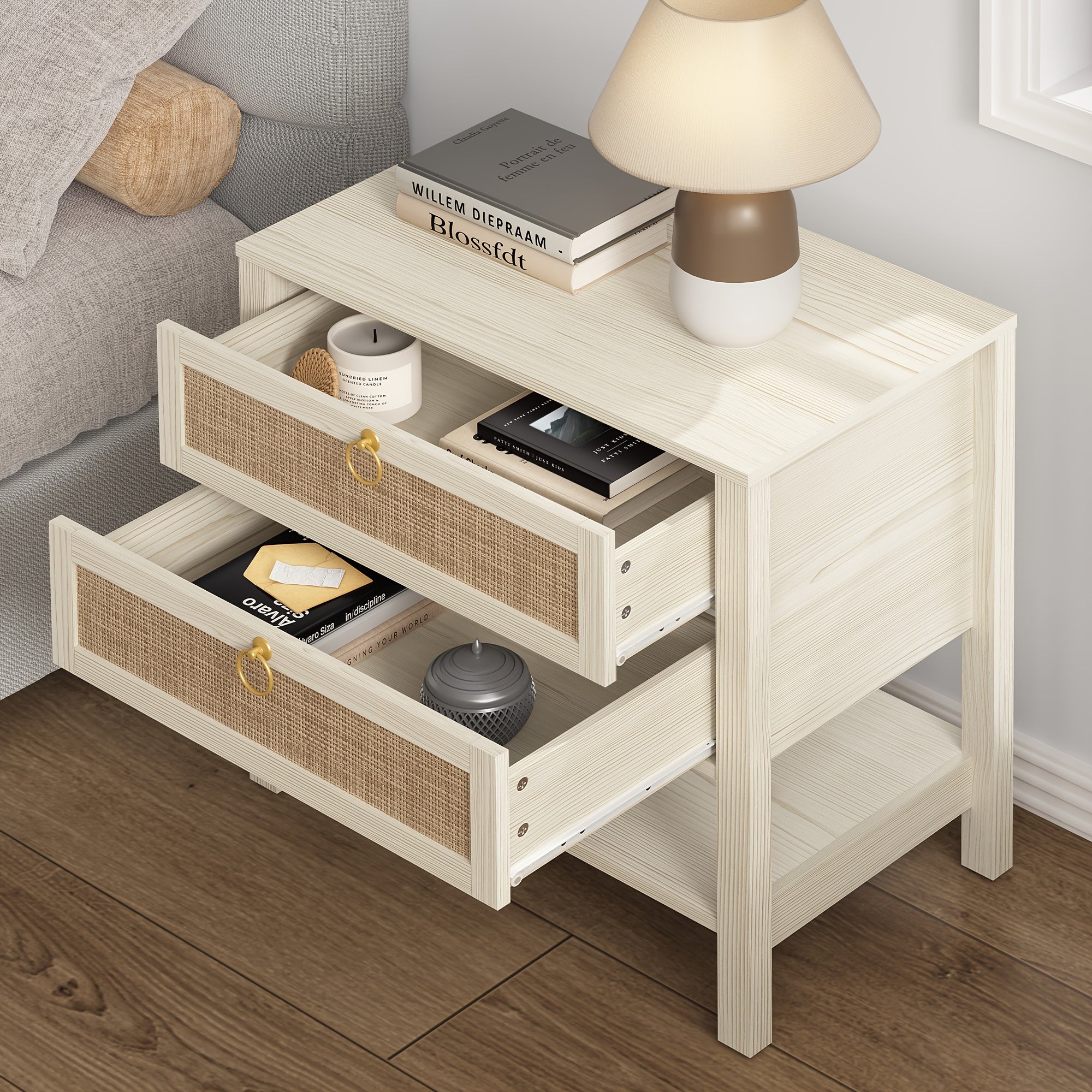 White Night Stand, Large Nightstand With Drawers And Storage Shelf - Rattan Boho Bedside Table Narrow Side Table For Bedroom, Small Space