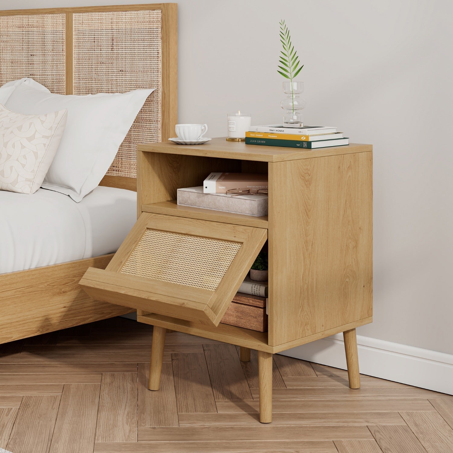 56cm H Natural Wood Rattan Nightstand with Single Drawer & Open Shelf - Mid-Century Modern Design, Sturdy Hardwood Construction, Ideal for Bedroom Storage and Display, Wood Home Decor