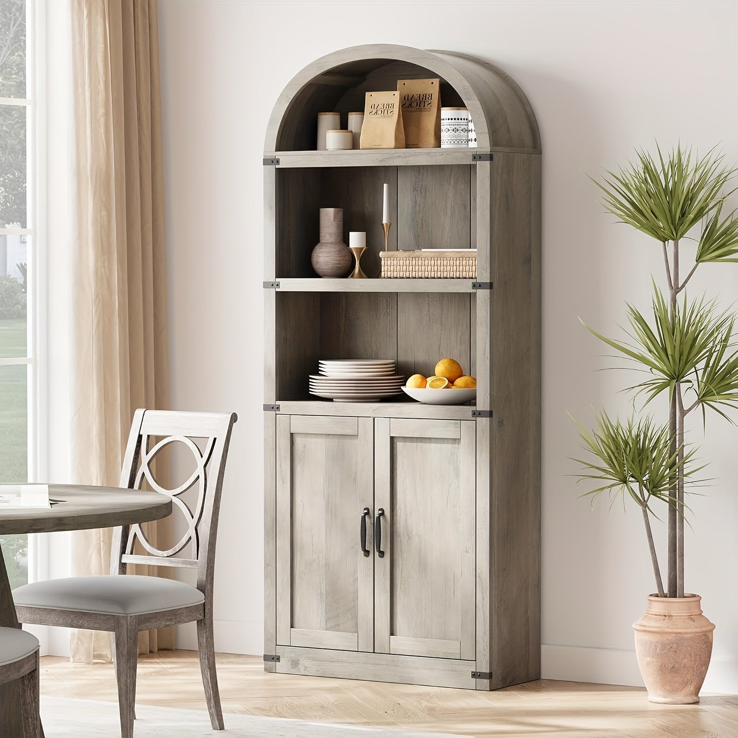 179cm High Bookcase With Doors Bookcase Arched Bookshelf Farmhouse Cabinet With Shelves Bookcase For Home Office, Living Room