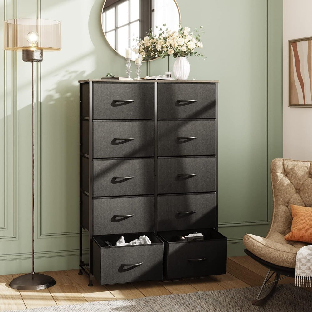 Tall Black Dresser for Bedroom with 10 Drawers, Chest of Drawers, Dressers Bedroom Furniture, Storage Organizer Unit with Fabric Bins for Closet, Hallway, Living Room, Entryway