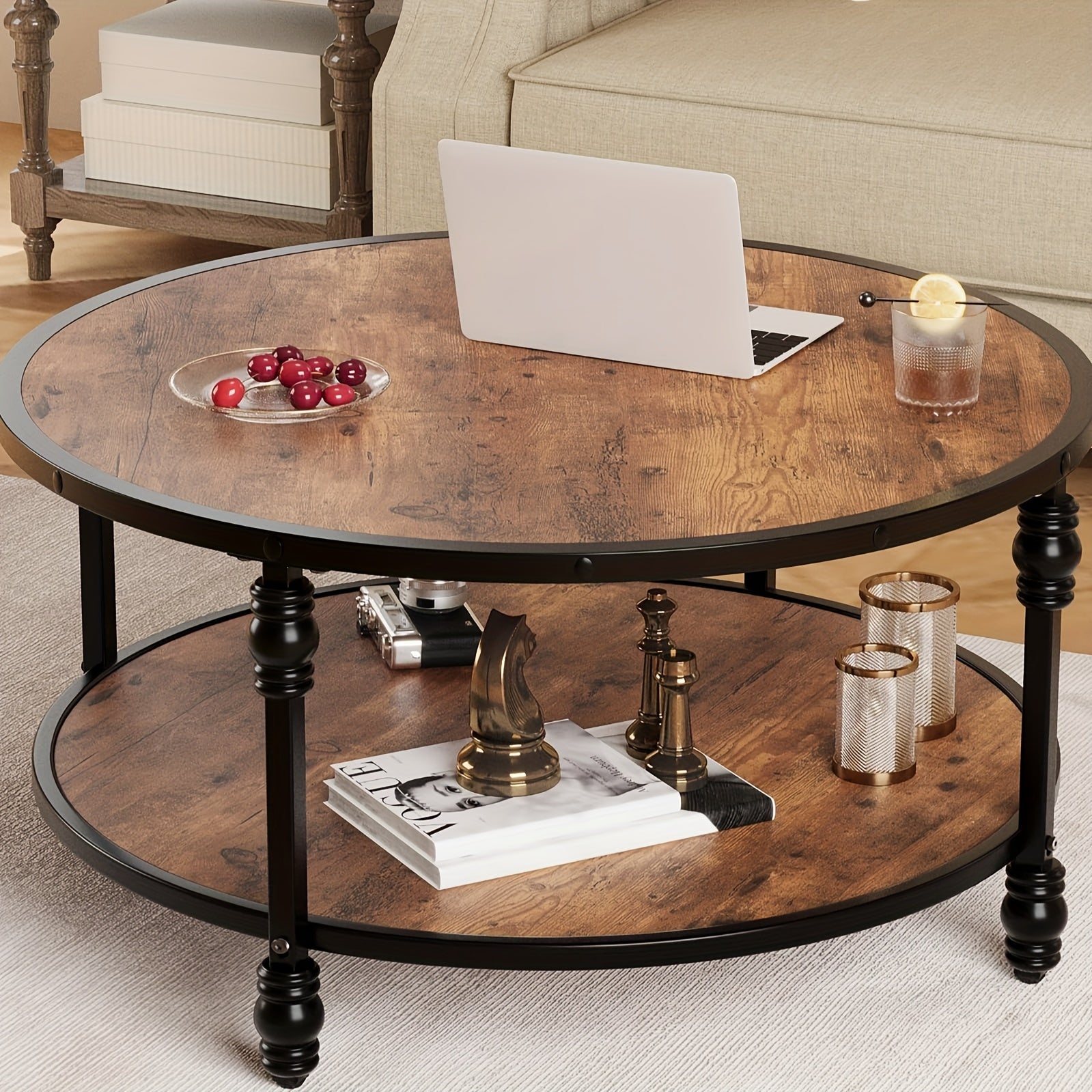 Round Coffee Table 89cm Industrial Center Table with Storage Shelf 2-Tier Rustic Accent Center Table Wood Circle Coffee Table with Sturdy Metal Legs, Easy Assembly