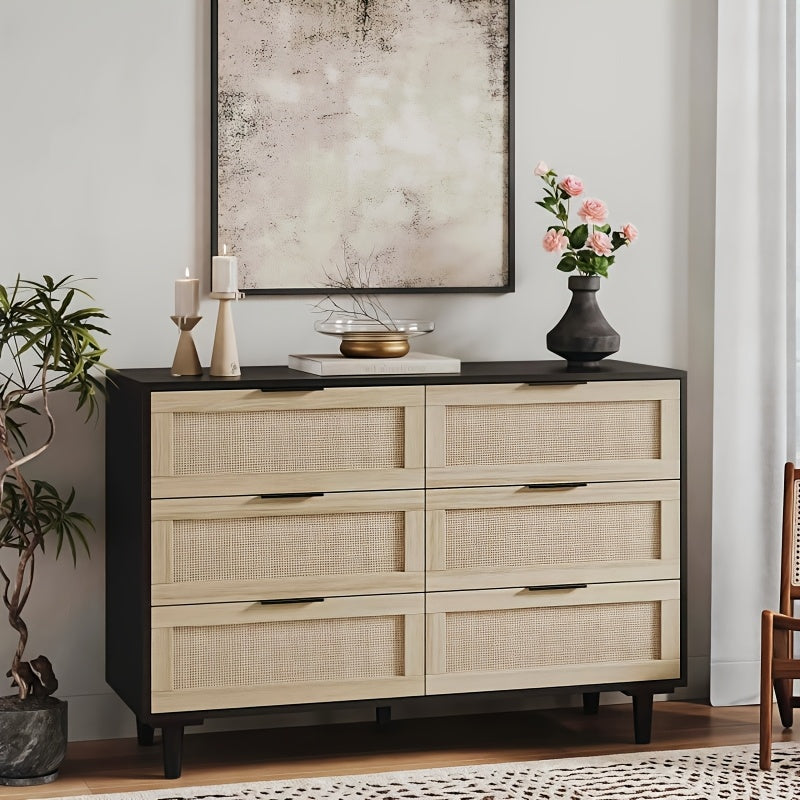 Rattan Dresser For Bedroom, 6 Drawer Wide Dresser, Boho&Farmhouse Chest Of Drawers, 43" Clothes Storage Cabinet, Metal Handle&Wood Legs For Hallway, Living Room, Bedroom, Black, Storage Drawer Units