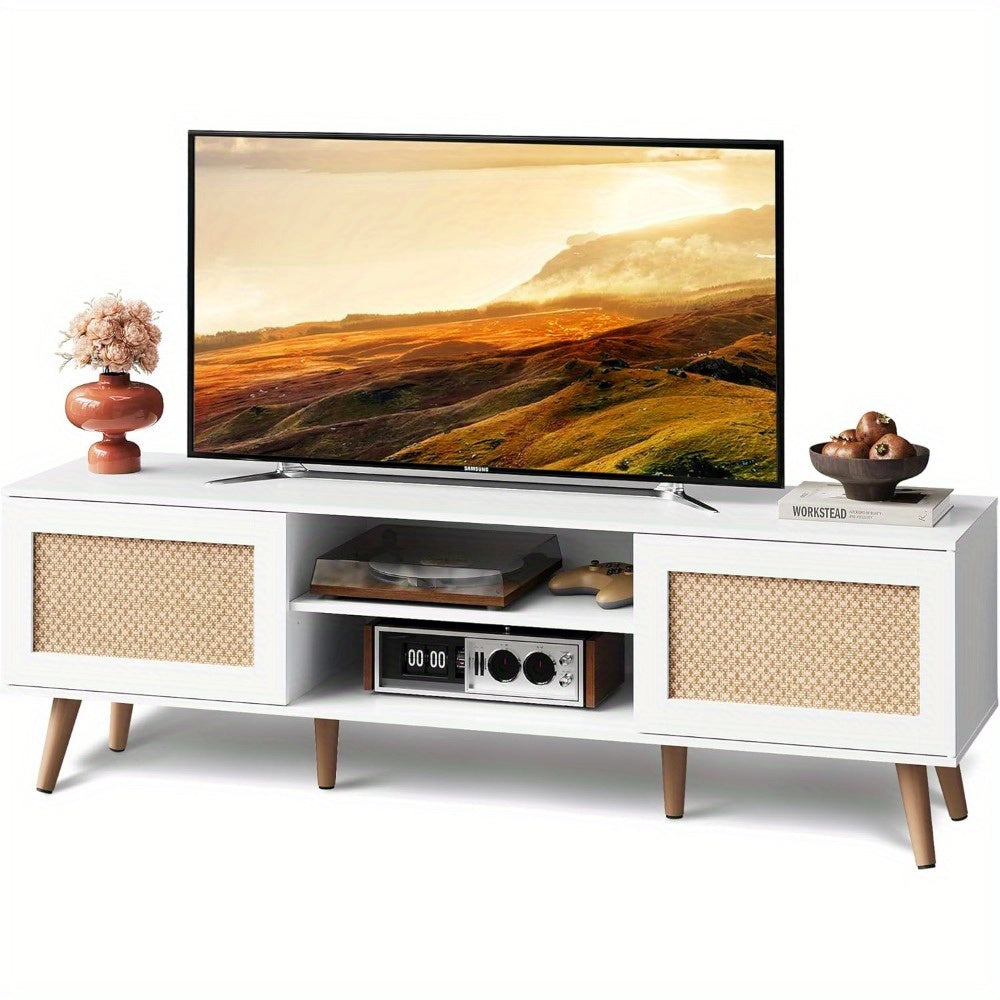 Stable TV Stand For 65 Inch TV, 147cm Boho Entertainment Center With Open Shelf Storage, TV Stand For Living Room, TV Console With 2 Storage Cabinets