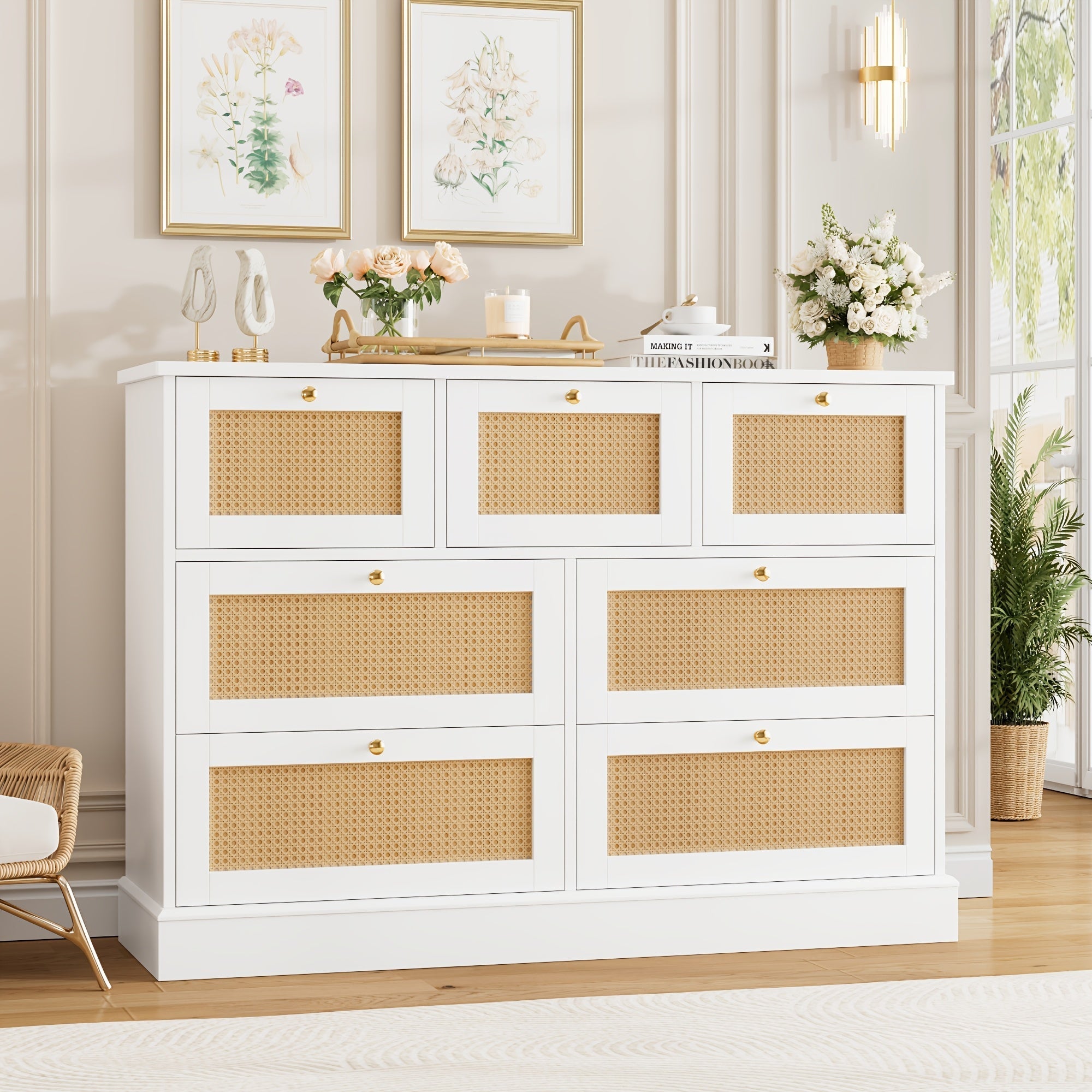 1pc Modern White Rattan Dresser with 7 Drawers - Wall Mount, No Wood, Electricity-Free, Spacious Closed Storage <3.2 Cubic Feet, Sturdy Over 27" Height, Golden Handles, Bedroom Storage Chest