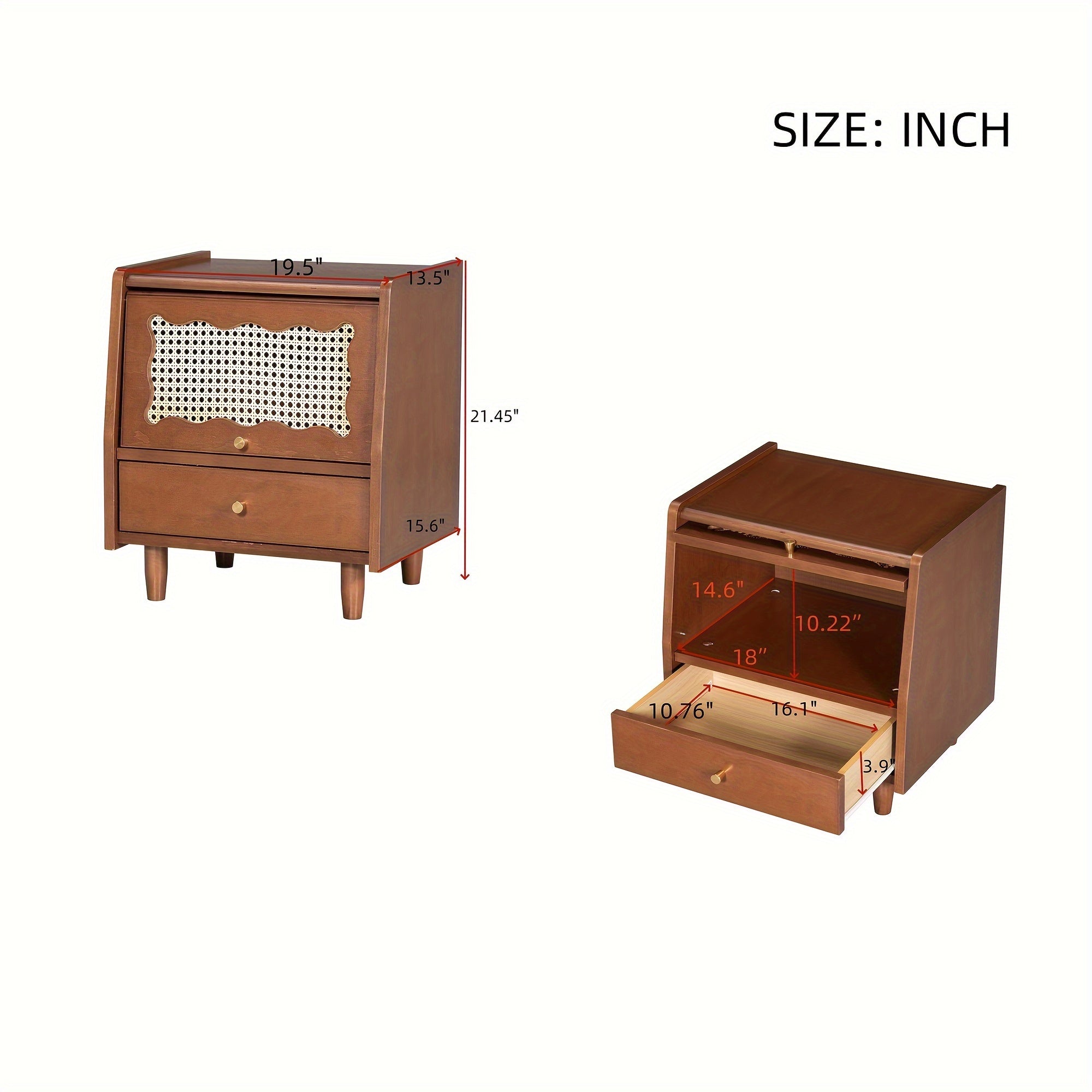 Elegant Wooden Nightstand with Rattan-Woven Storage Cabinet & Drawer - Natural Hardwood Finish, Scalloped Top with Decorative Cut-Out Patterns, Ideal for Bedroom Elegance, Bedroom Decor