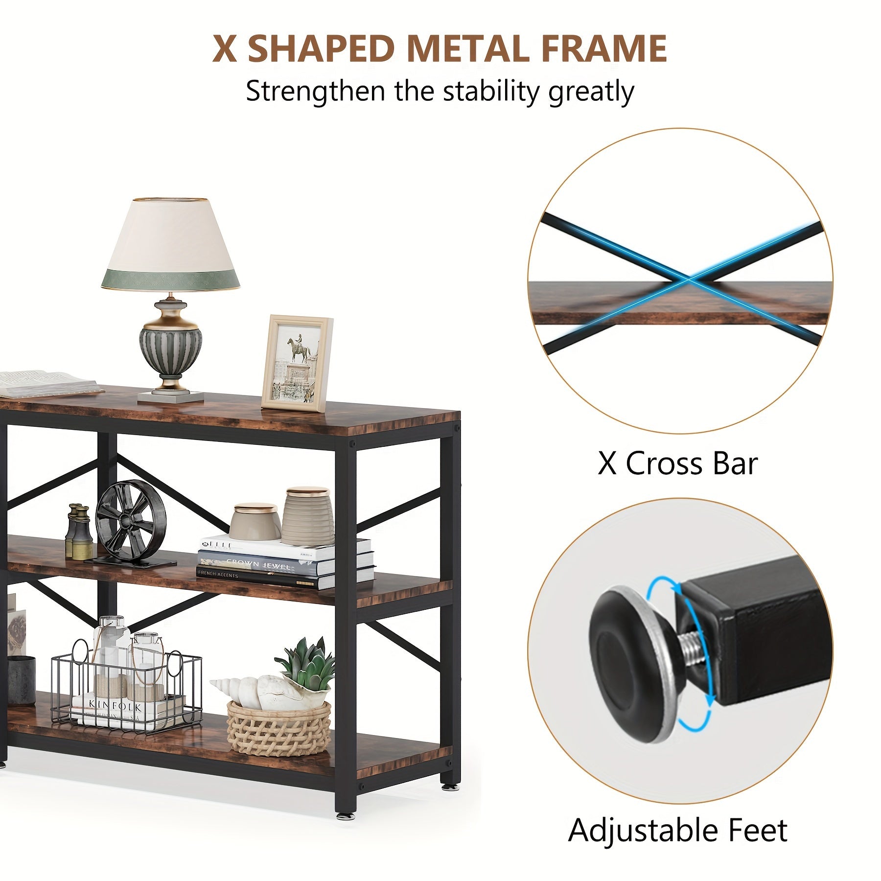 Industrial 180 cm Sofa Table With Storage Shelves: This Modern Console Table Features A Three-tier Design For Storage And Display, Perfect As A Behind-Couch Table, Entryway Table, Or Three-Shelf Bookshelf In Your Living Room