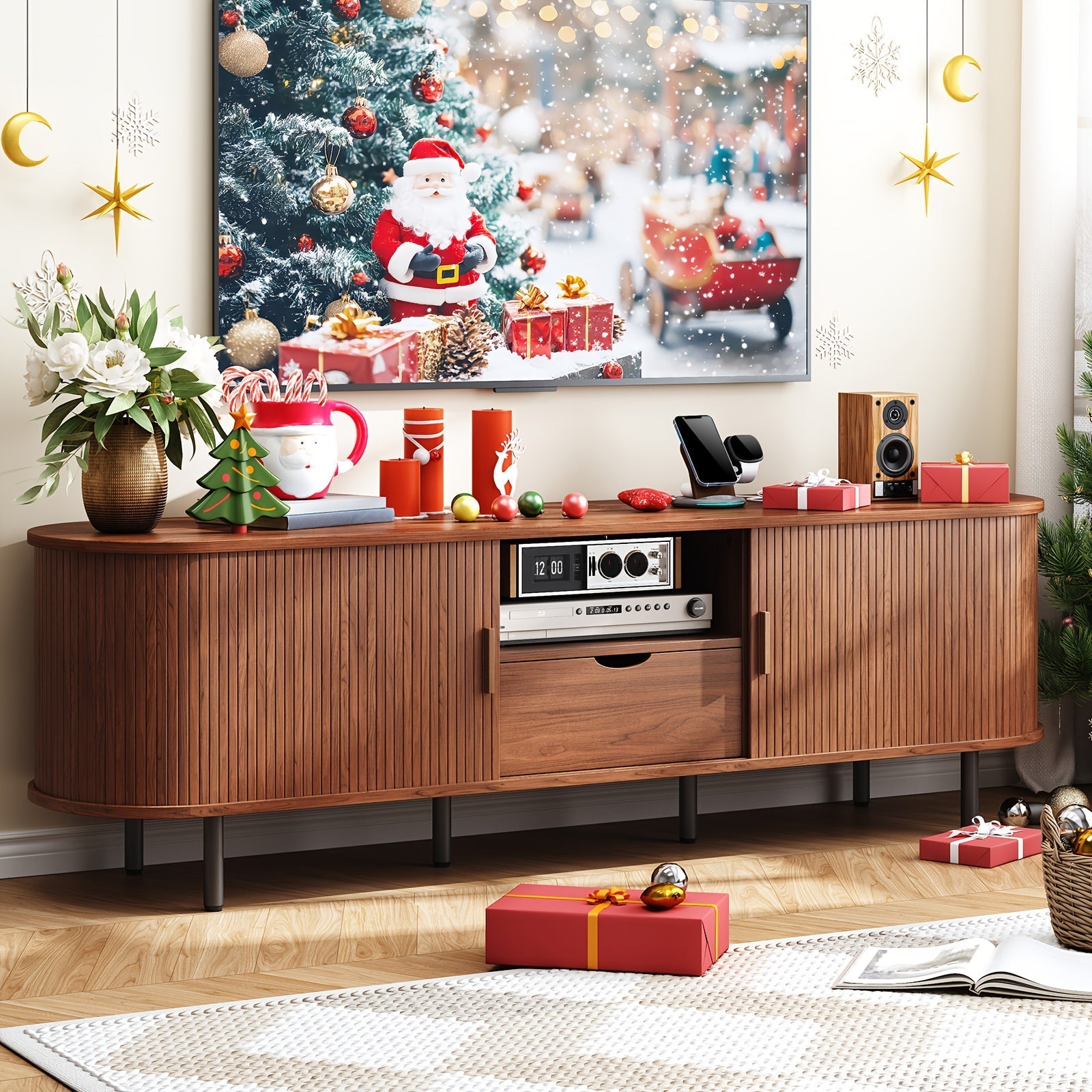 Festive 175cm Walnut TV Stand with Power Outlets - Fits TVs Up to 80", Modern Media Entertainment Center with Storage, Drawers, Adjustable Shelves & Sliding Doors - Ideal for Holiday Living Room Decor, TV Console Table