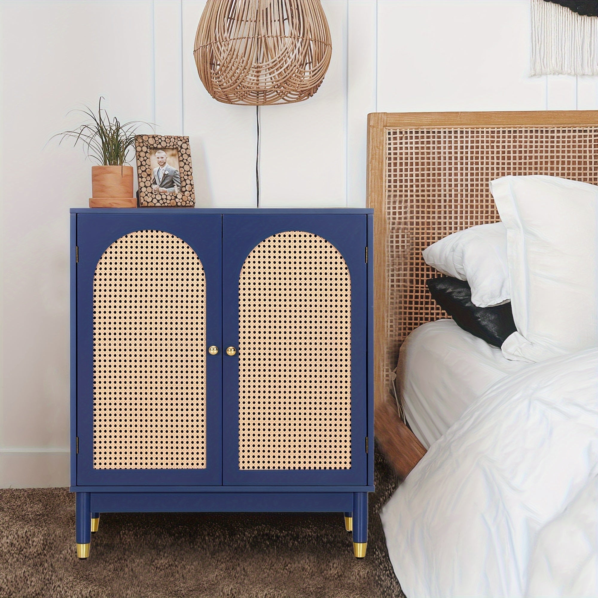 Blue Boho Farmhouse Side Table - Nature's Lodge Rattan Cabinet with Doors, Solid Wood Frame & Legs, Golden Metal Knob for Bedroom, Living Room, Hallway, End Table, Mother Nature's Lodge, Modern Style