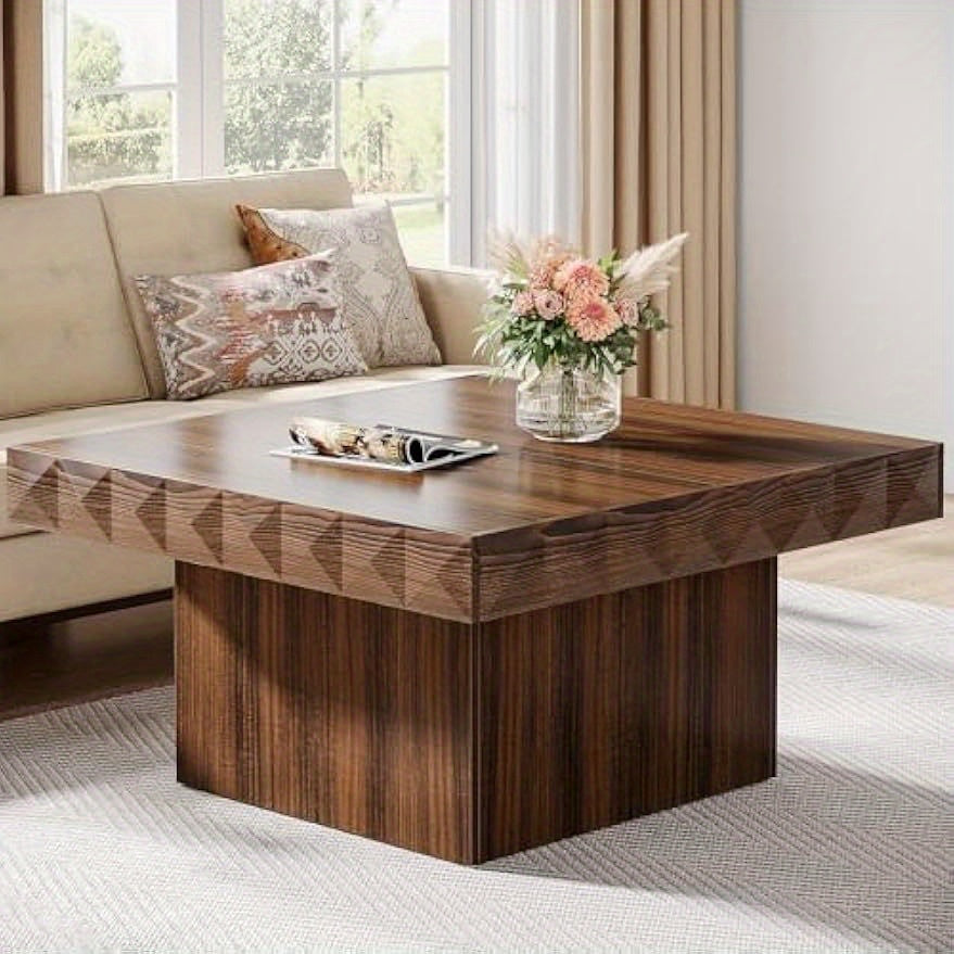 Square Coffee Table for Living Room, 90cm Wooden Coffee Table with Thickened Tabletop, Modern Center Table Cocktail Table Tea Table, Walnut