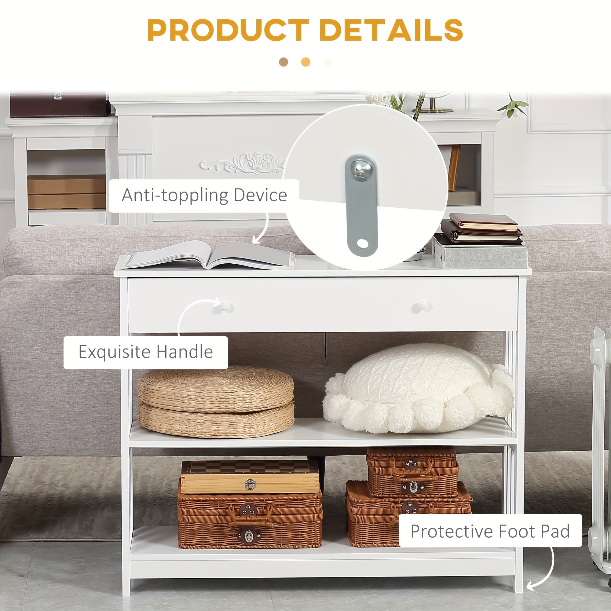 Console Hallway Table with Extra Wide Pull-Out Drawer, 2 Open Shelves, and Slatted Wood Frame Design, White (Measurements in cm)