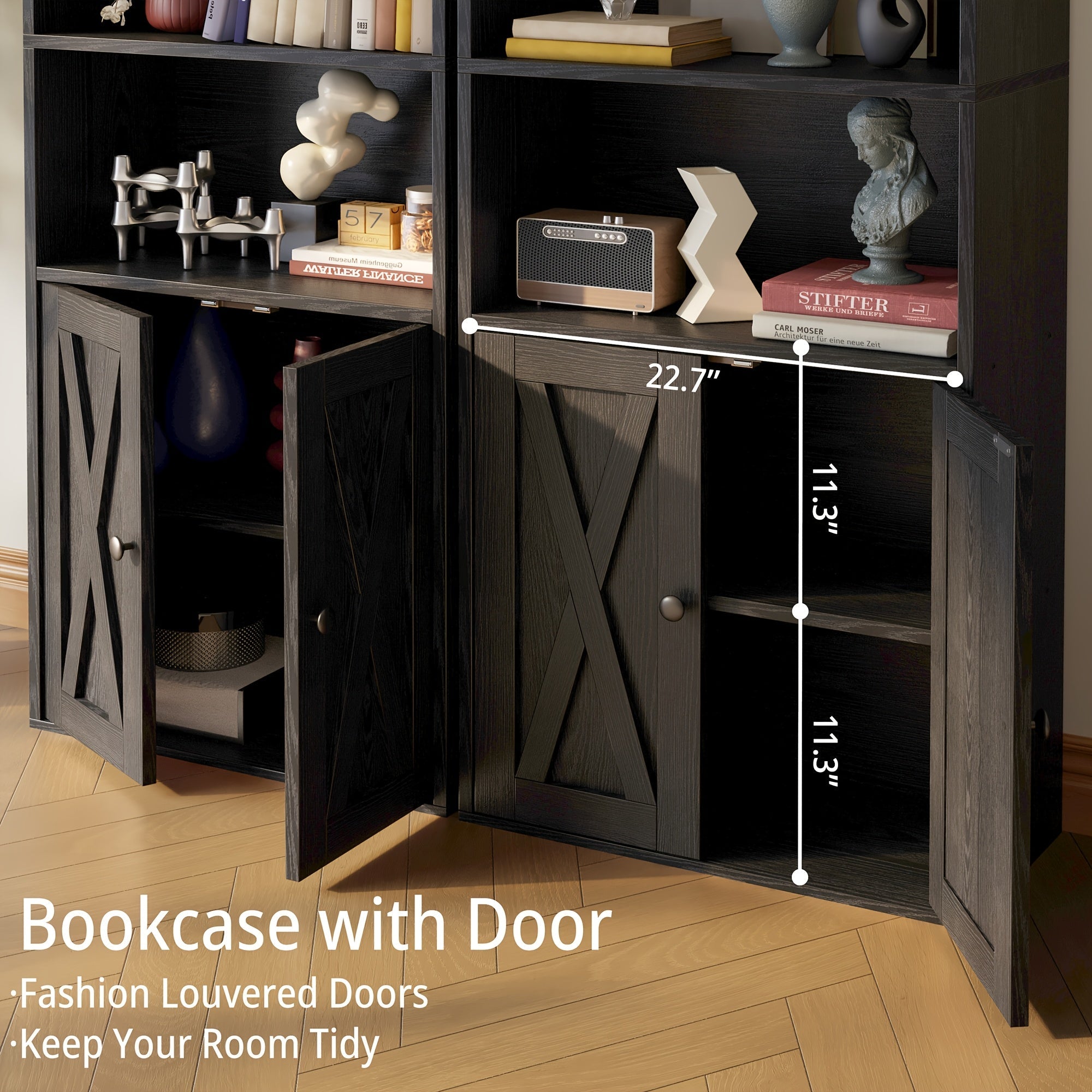 Industrial Bookshelves And Bookcases With Doors 11.8 In Depth Floor Standing 5 Shelf Display Storage Shelves Bookcase Home Decor Furniture For Home, Office, Living Room, Bedroom