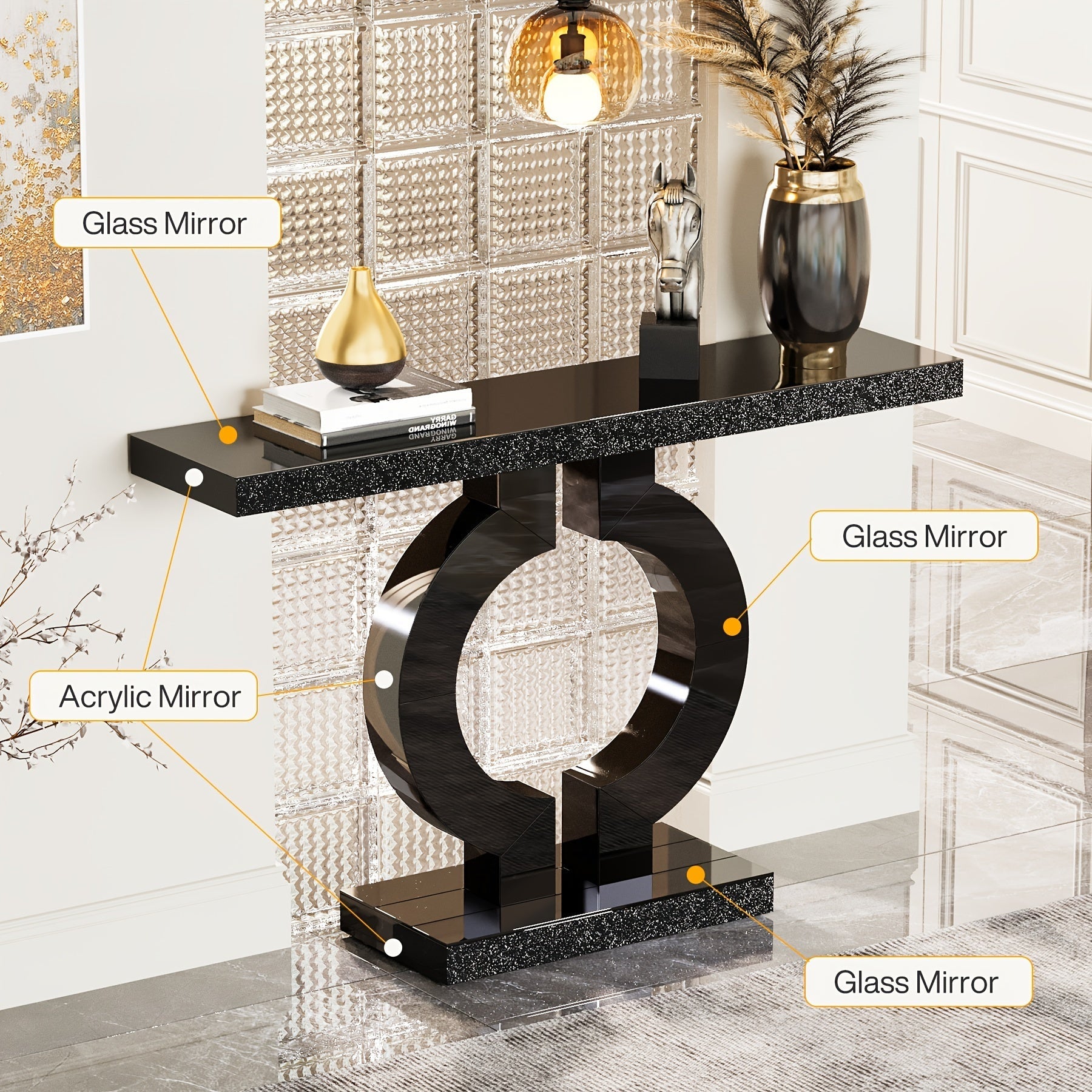 109.22 cm Mirrored Console Table, Modern Glass Sofa Table with Mirror Finish, Entryway Table with O-Shaped Base, Rectangular Accent Foyer Table for Living Room Hallway Entrance (Black & Silvery), Christmas Renewal