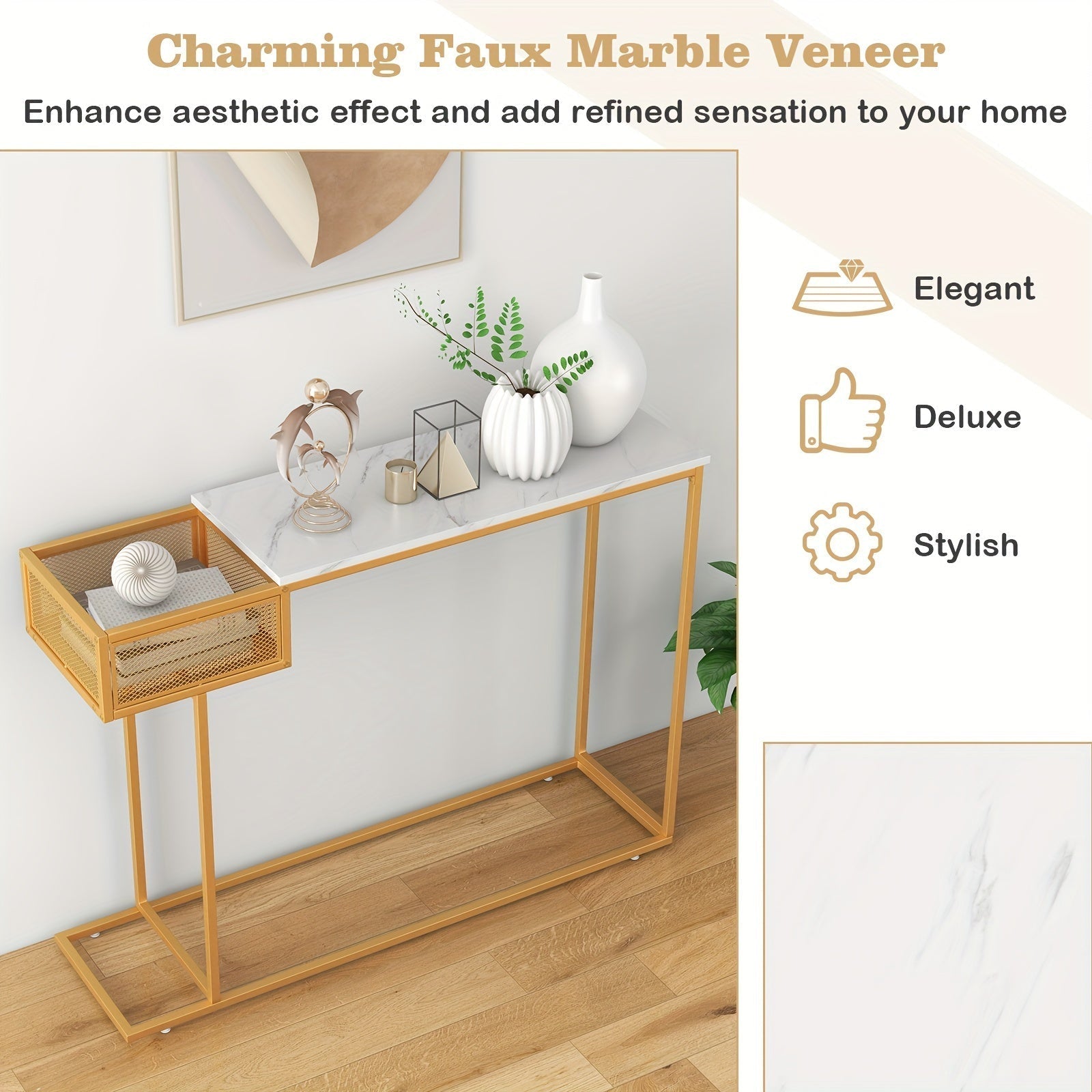 1pc Console Table, Faux Narrow Marble Entryway Sofa Table with Storage Wire Basket (Dimensions in cm)