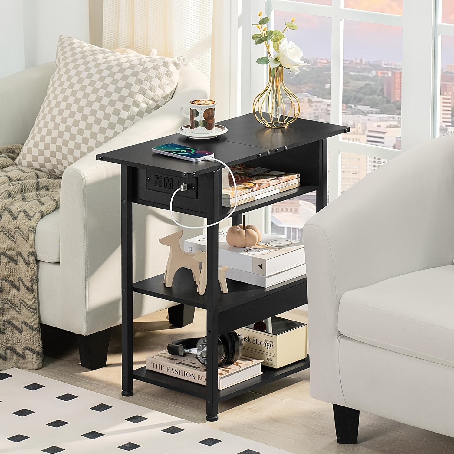 Side Table With Charging Station, Narrow End Table With USB Ports And Outlets, Black Skinny Nightstand With Open Storage Shelf For Small Space, Slim Sofa Bedside Table For Living Room Bedroom