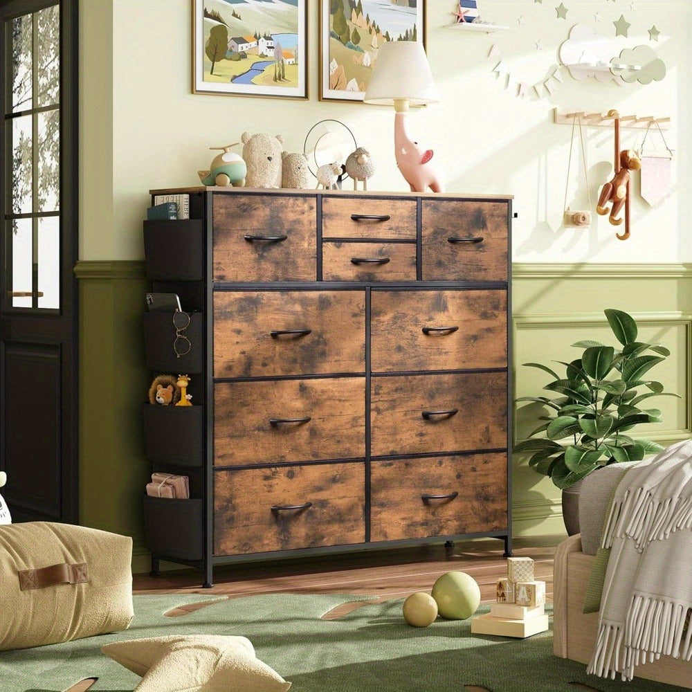 Dresser for Bedroom with 10 Drawers, Fabric Dresser Chest of Drawers with Side Pockets and Hooks, Sturdy Metal Frame, Drawers Organizer Unit for Room, Hallway, Rustic Brown Wood Grain Print