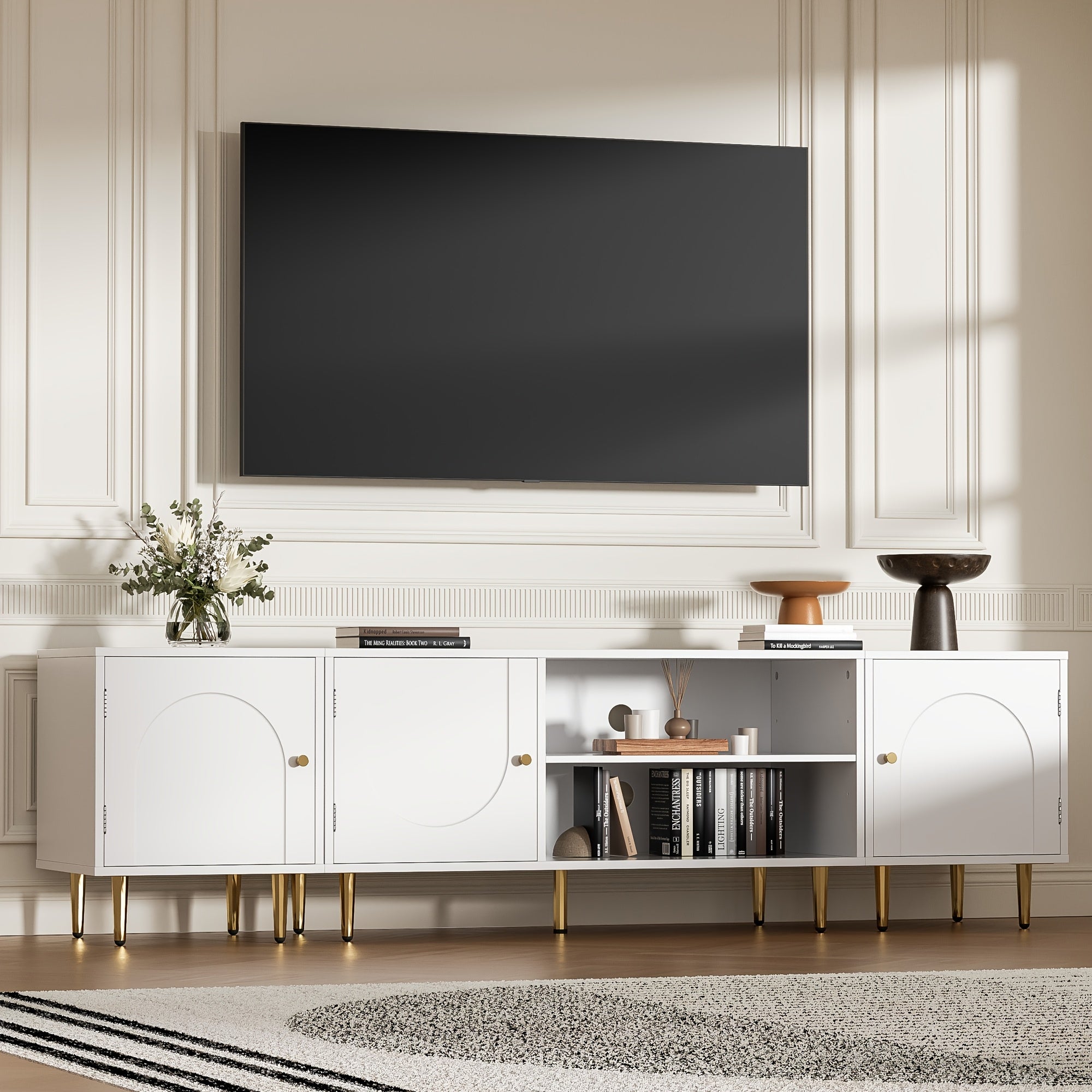 1pc Modern White TV Stand for 75" TV, MHOM 71" Entertainment Center with Storage Side Cabinets, Freestanding Media Console with Open Shelves, Raised Panel Doors, ≥3.2 Cubic Feet Storage Capacity, Easy Assembly