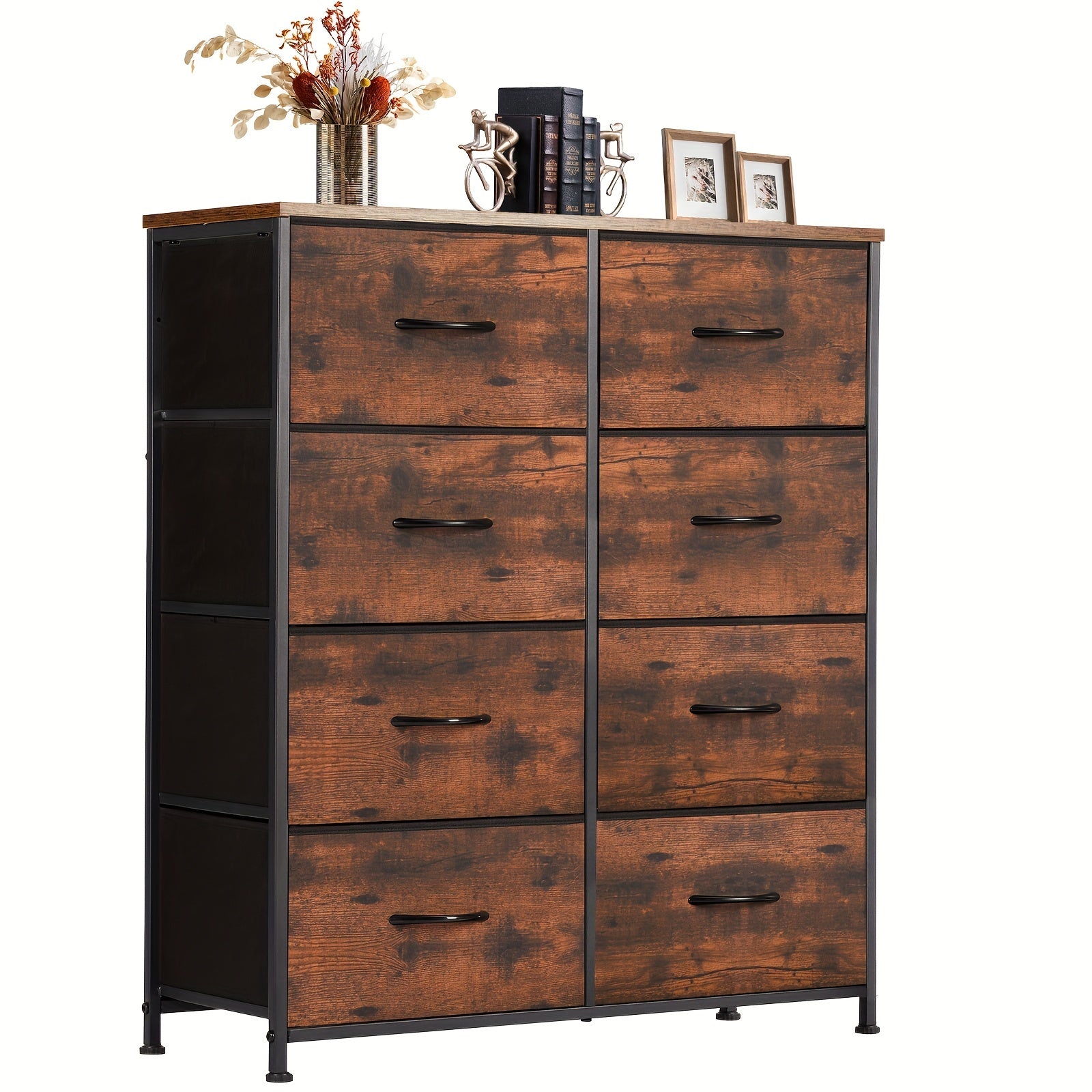 Classic Wooden Top Dresser with 8 Drawers - Freestanding Storage Organizer for Bedroom, Living Room & Entryway - Metal Frame, Floor Standing, Space-Saving Design