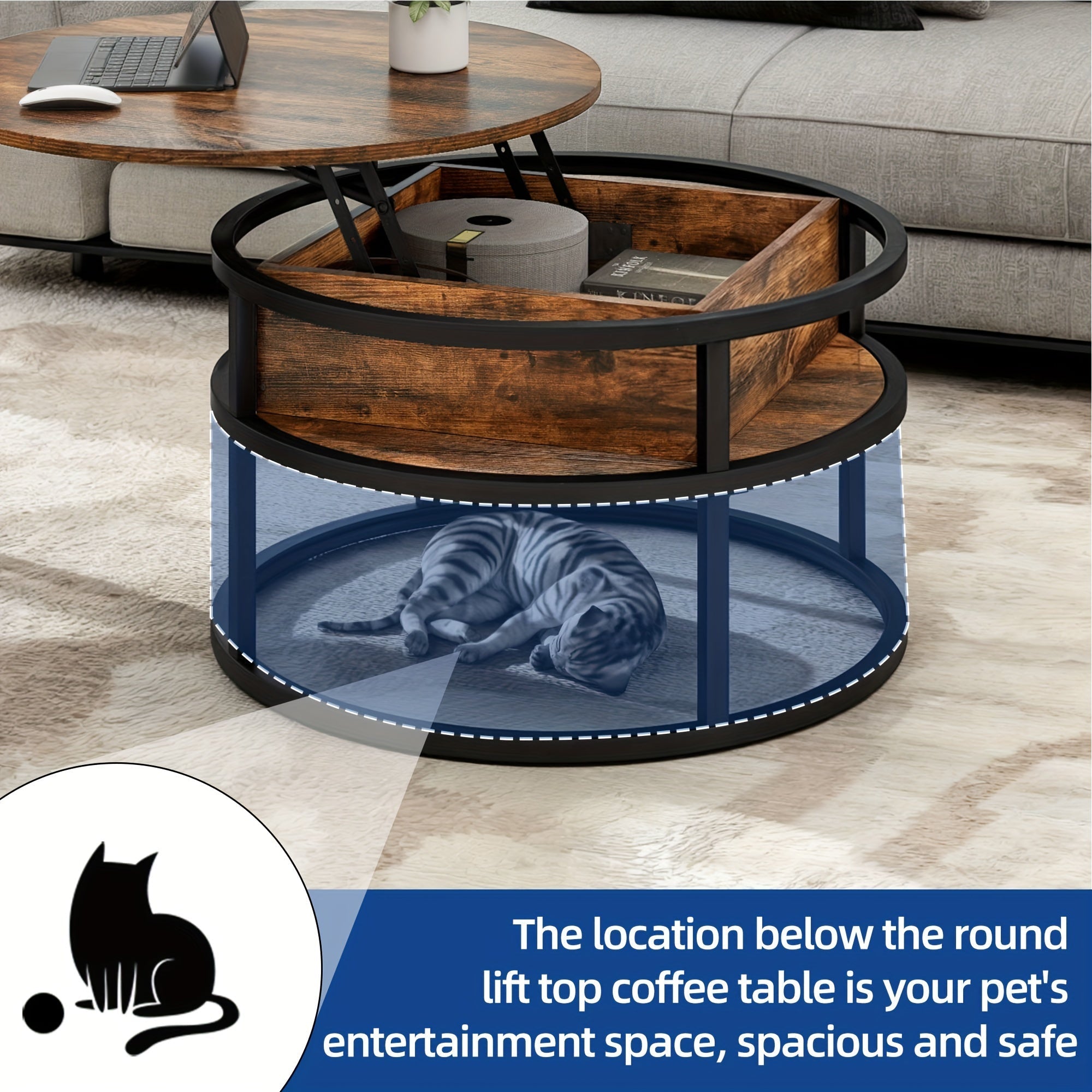 2 Tier Round Lift Top Coffee Table With Hidden Storage Compartment For Living Room Home Office