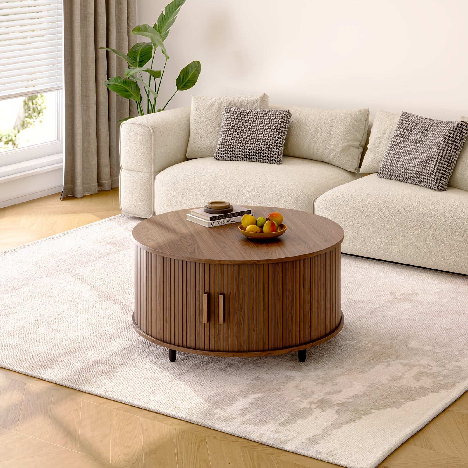 Wooden Round Coffee Table 80cm Center Table With Storage Space, 360° Curved Sliding Door And Adjustable Footrest Sofa Side Table For Family Living Room Walnut