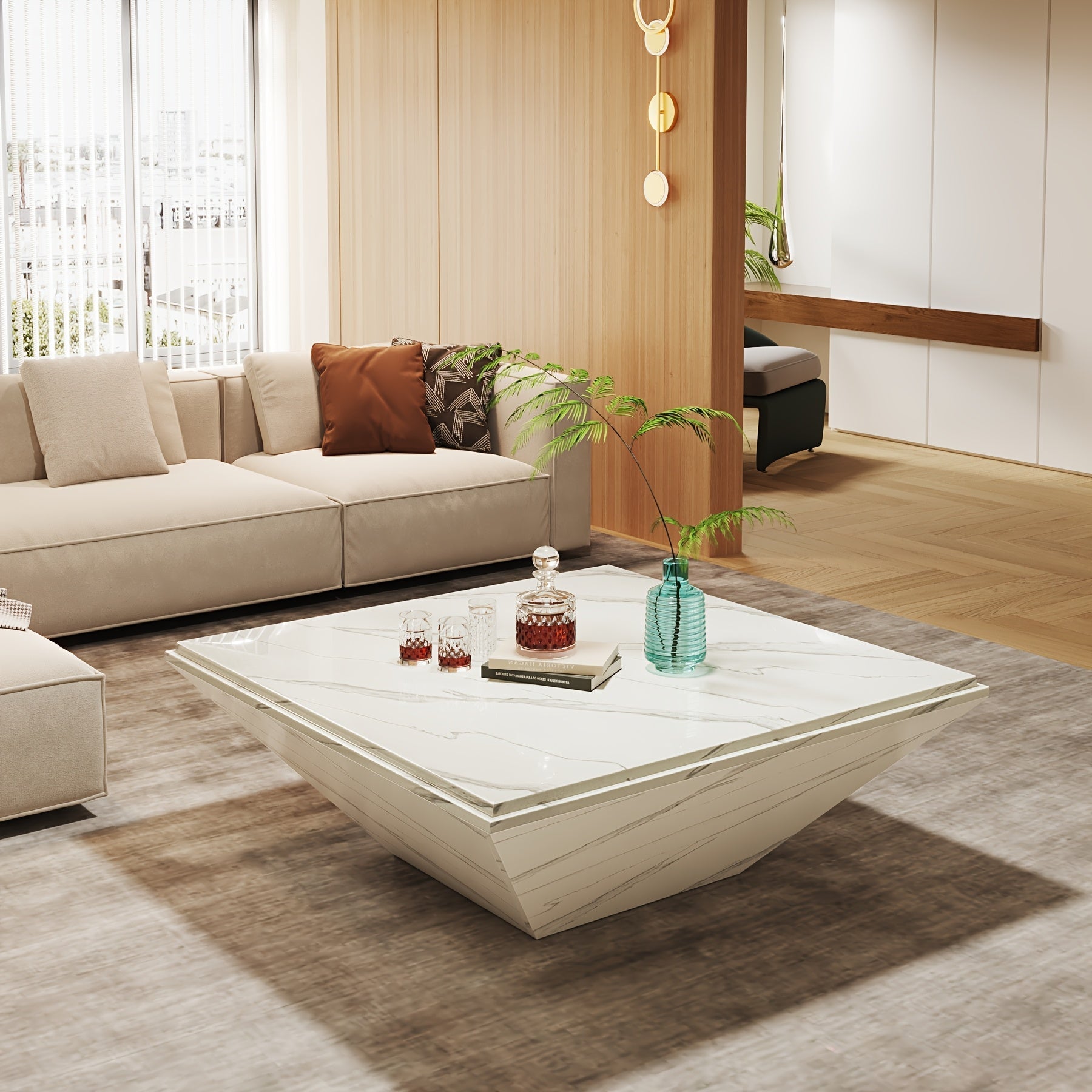 Modern 91cm Square Coffee Table with Faux Marble Top - Stain-Resistant, Large Engineered Wood Centerpiece for Living Room