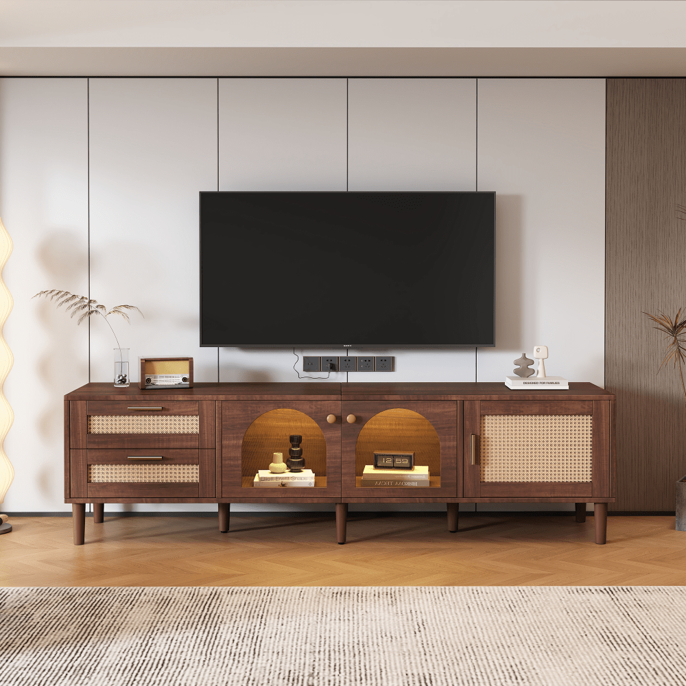 Rattan TV Cabinet with 3 Cabinets and 2 Drawers, Rattan Style Media Console Table, Suitable for TVs up to 80 Inches, TV Cabinet for Living Room, Bedroom, Home Theater