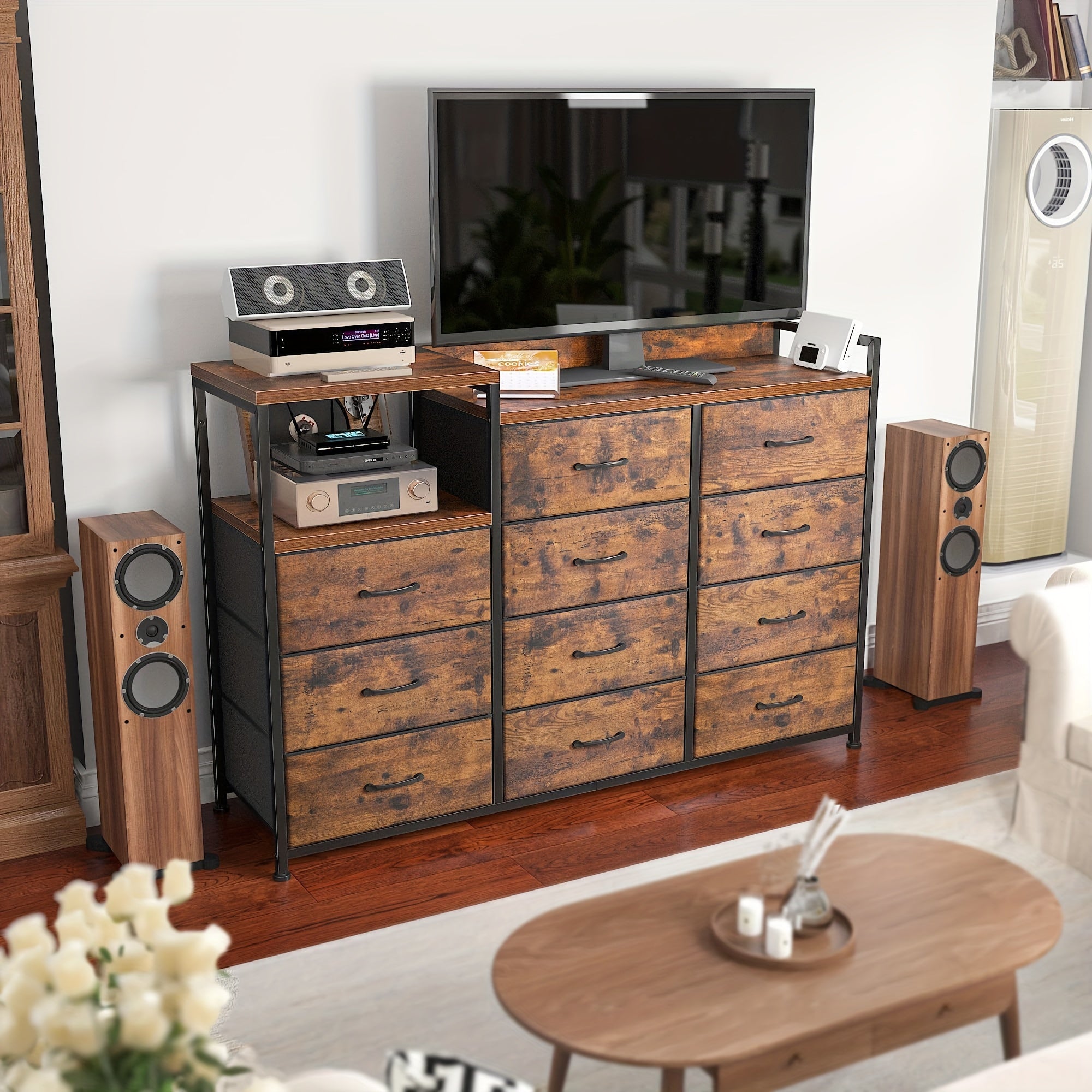 Dresser For Bedroom With 11 Drawers Long Dresser TV Stand With Shelves Wide Dressers & Chests Of Drawers Large Dresser For Bedroom Dresser, Sturdy Metal Frame, Wood Top, Rustic Brown