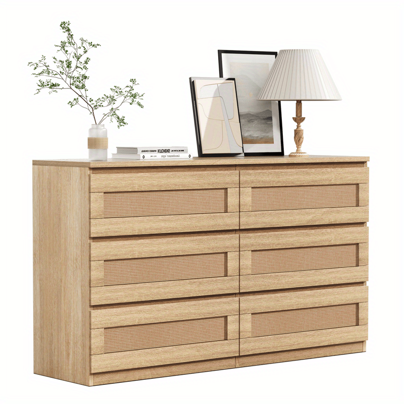 Rattan Dresser for Bedroom, Modern 6-Drawer Double Dresser with Anti-Tip Kit, Wood Storage Wide Chest of Drawers for Bedroom, Living Room, Hallway