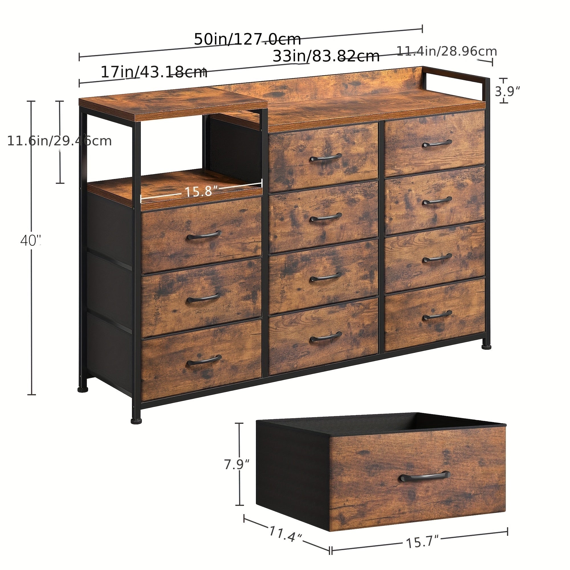 Dresser For Bedroom With 11 Drawers Long Dresser TV Stand With Shelves Wide Dressers & Chests Of Drawers Large Dresser For Bedroom Dresser, Sturdy Metal Frame, Wood Top, Rustic Brown