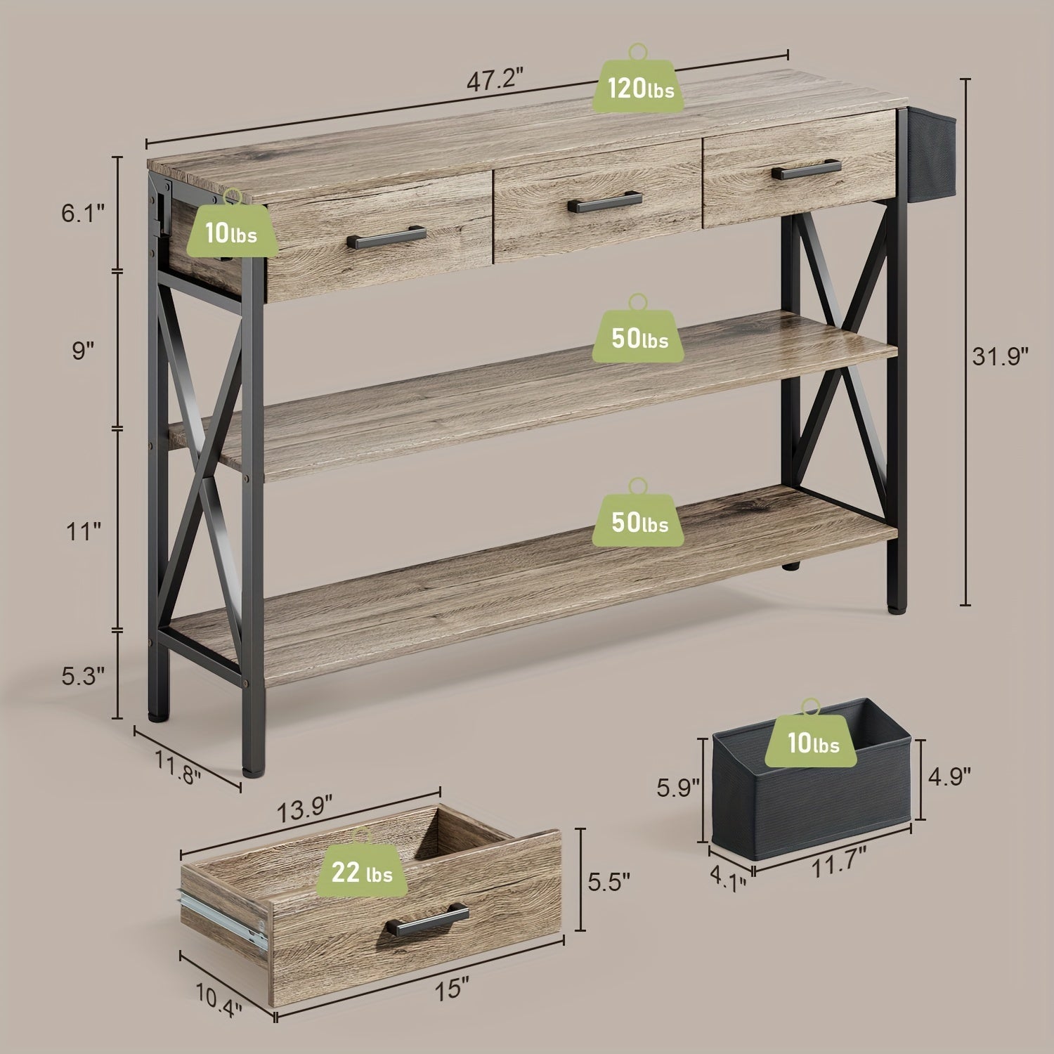 119 cm Console Table - Featuring Spacious Three Drawers and Three-Tier Shelves for Storage, Durable MDF Construction for Longevity, Easy Assembly Ideal for Hallways, Entryways, and Living Spaces