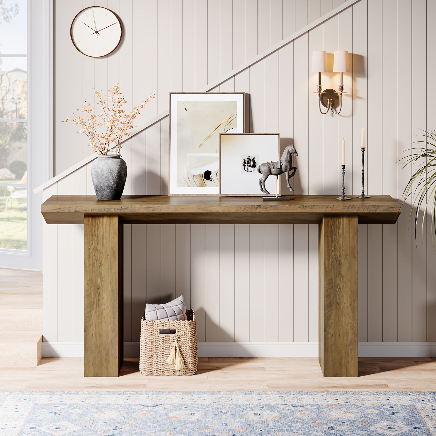 Chic Farmhouse Console Table - 160 cm Long, Stain-Resistant MDF Wooden Desk with Unique Inverted Triangle Design for Office, Entryway, or Living Room Decor