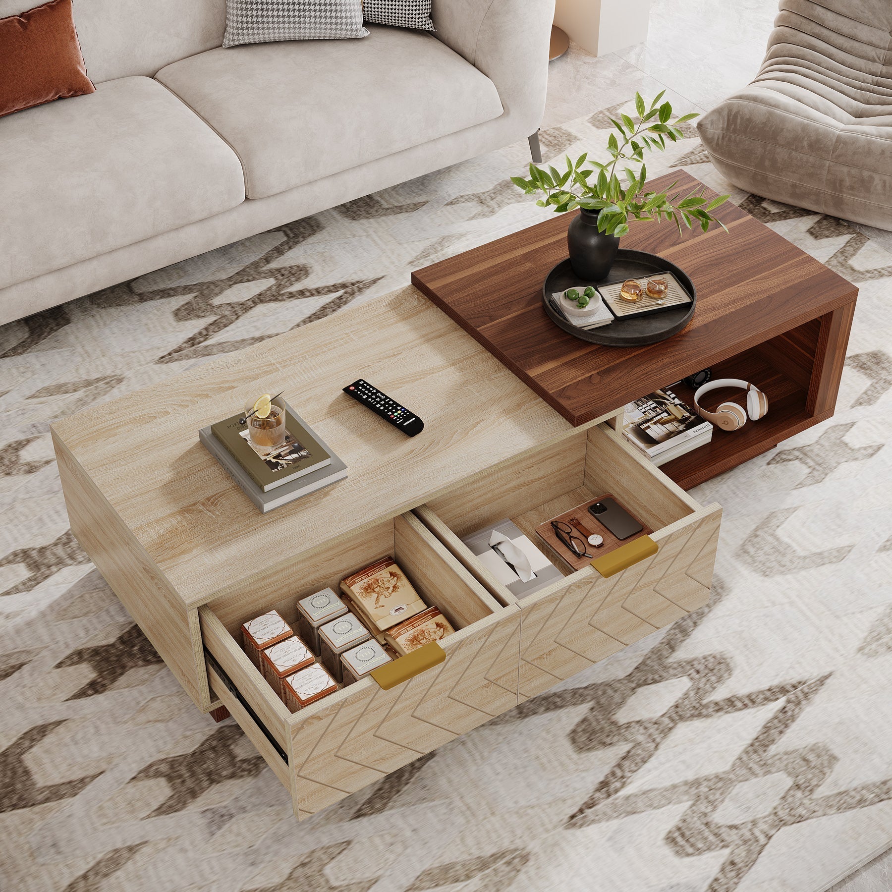 Extendable Coffee Table, Center Table Cocktail Table with 2 Storage Drawers (in cm)