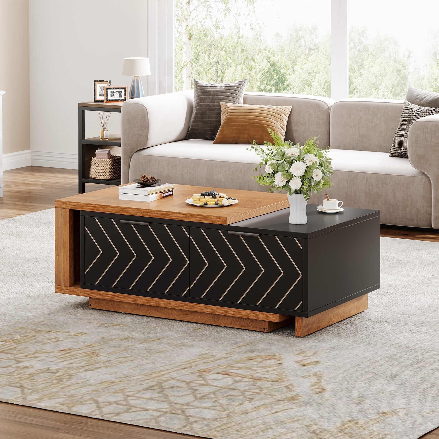 Extendable Coffee Table, Center Table Cocktail Table with 2 Storage Drawers (in cm)