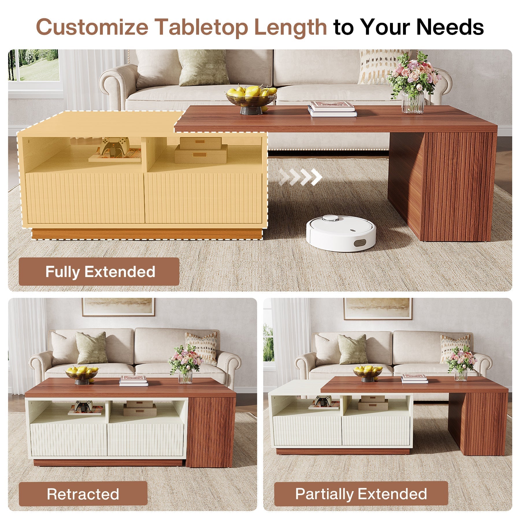 Extendable Coffee Table, Center Table with 2 Drawers and Reversible Tabletop (Measurements in cm)