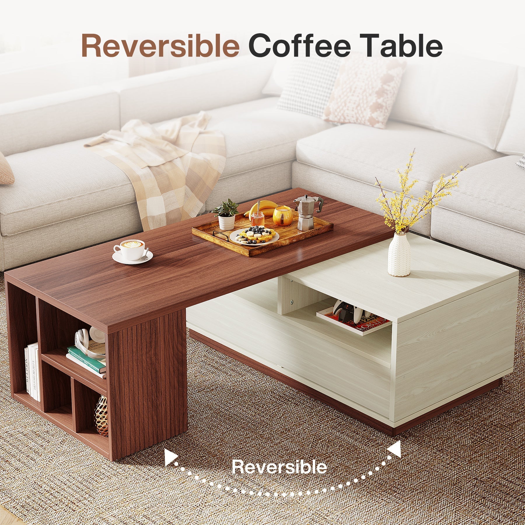 Extendable Coffee Table, Center Table with 2 Drawers and Reversible Tabletop (Measurements in cm)