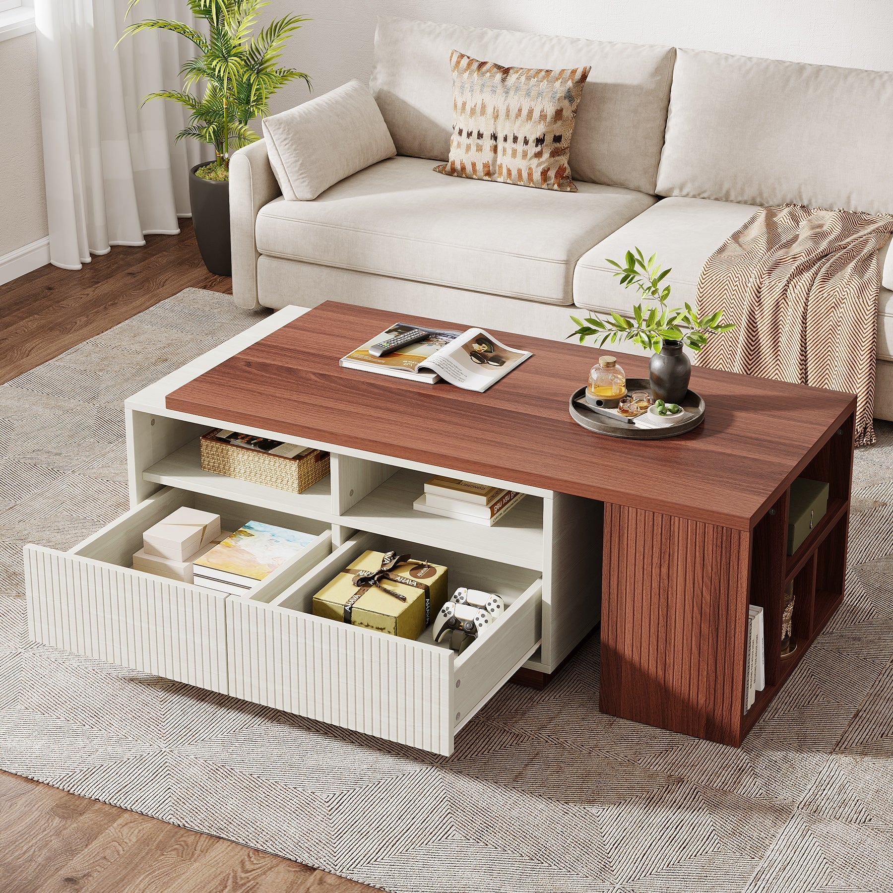 Extendable Coffee Table, Center Table with 2 Drawers and Reversible Tabletop (Measurements in cm)