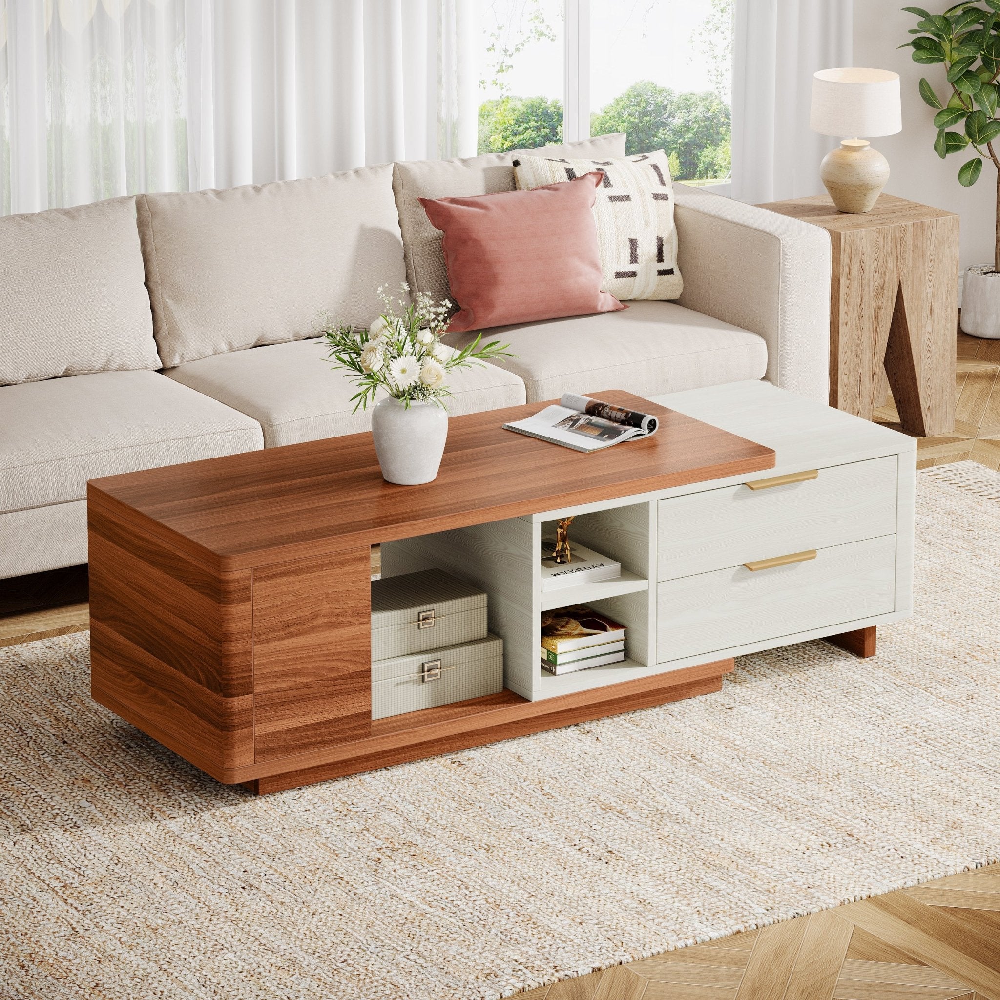 Extendable Coffee Table, Two-Tone Wood Center Table with 2 Drawers (Dimensions in cm)