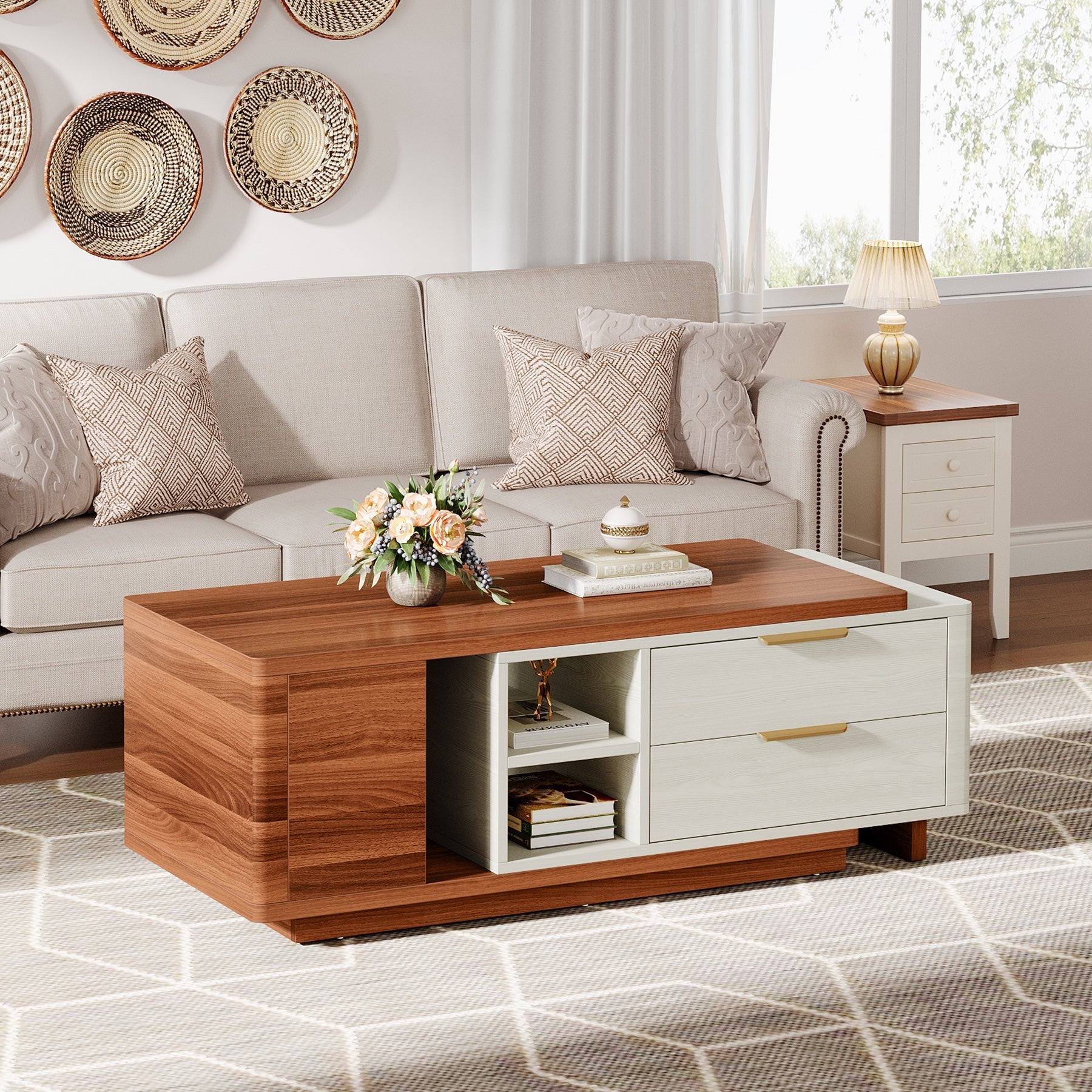 Extendable Coffee Table, Two-Tone Wood Center Table with 2 Drawers (Dimensions in cm)