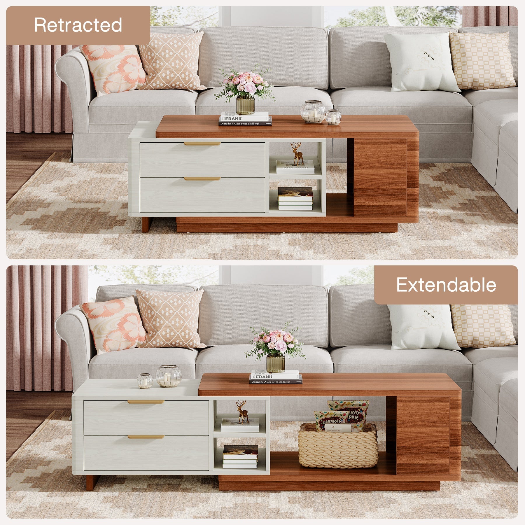 Extendable Coffee Table, Two-Tone Wood Center Table with 2 Drawers (Dimensions in cm)