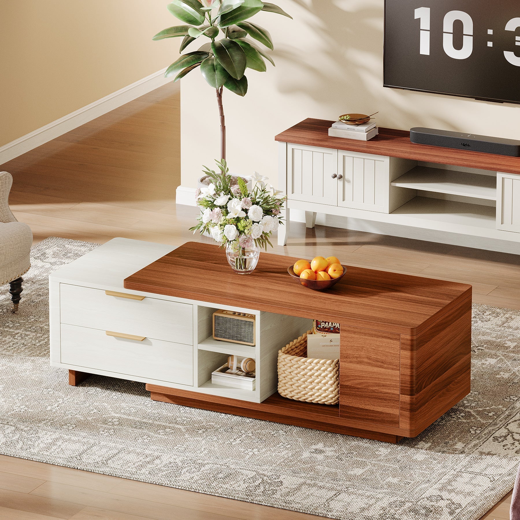 Extendable Coffee Table, Two-Tone Wood Center Table with 2 Drawers (Dimensions in cm)